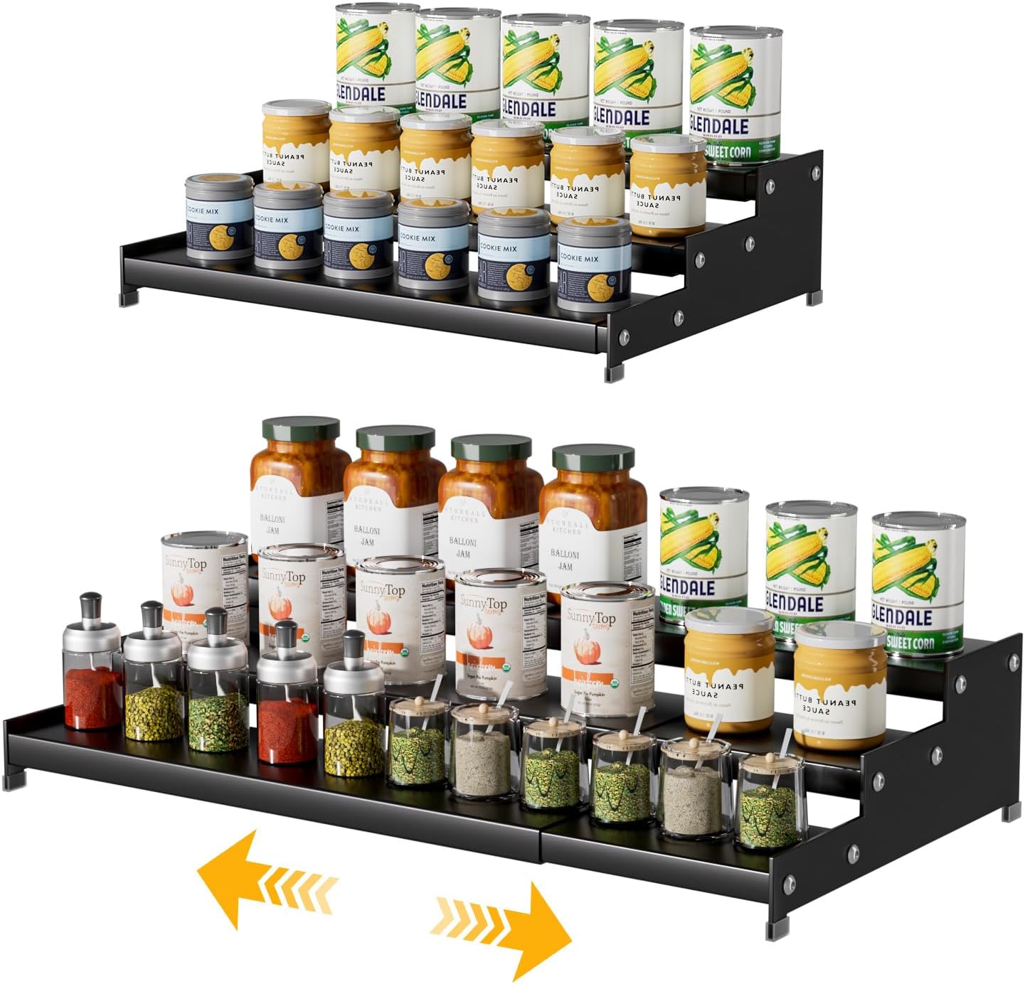 Expandable Carbon Steel Spice Rack Organizer for Pantry, Adjustable 3-Tier Ladder Shelf,Holds Up to 24 Cans,Kitchen