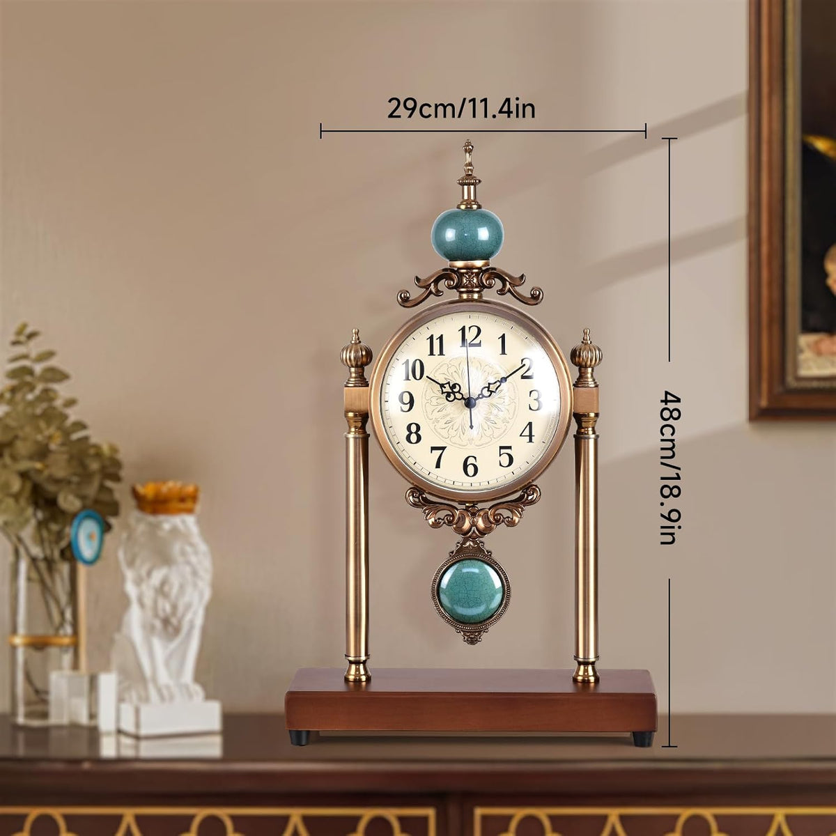 Vintage Mantel Clock, Silent Non-Ticking Table Clock with Pendulum, Luxury Metal & Wood Desk Clock for Living Room