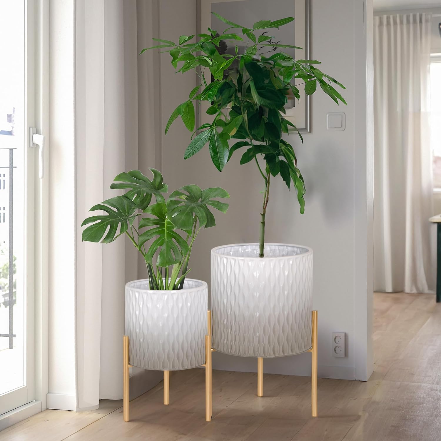 ARNIS Plants Pots with Stand, Set of 2 Indoor Planter Pots, Unique Mid Century Decorative Metal Flower Pots with