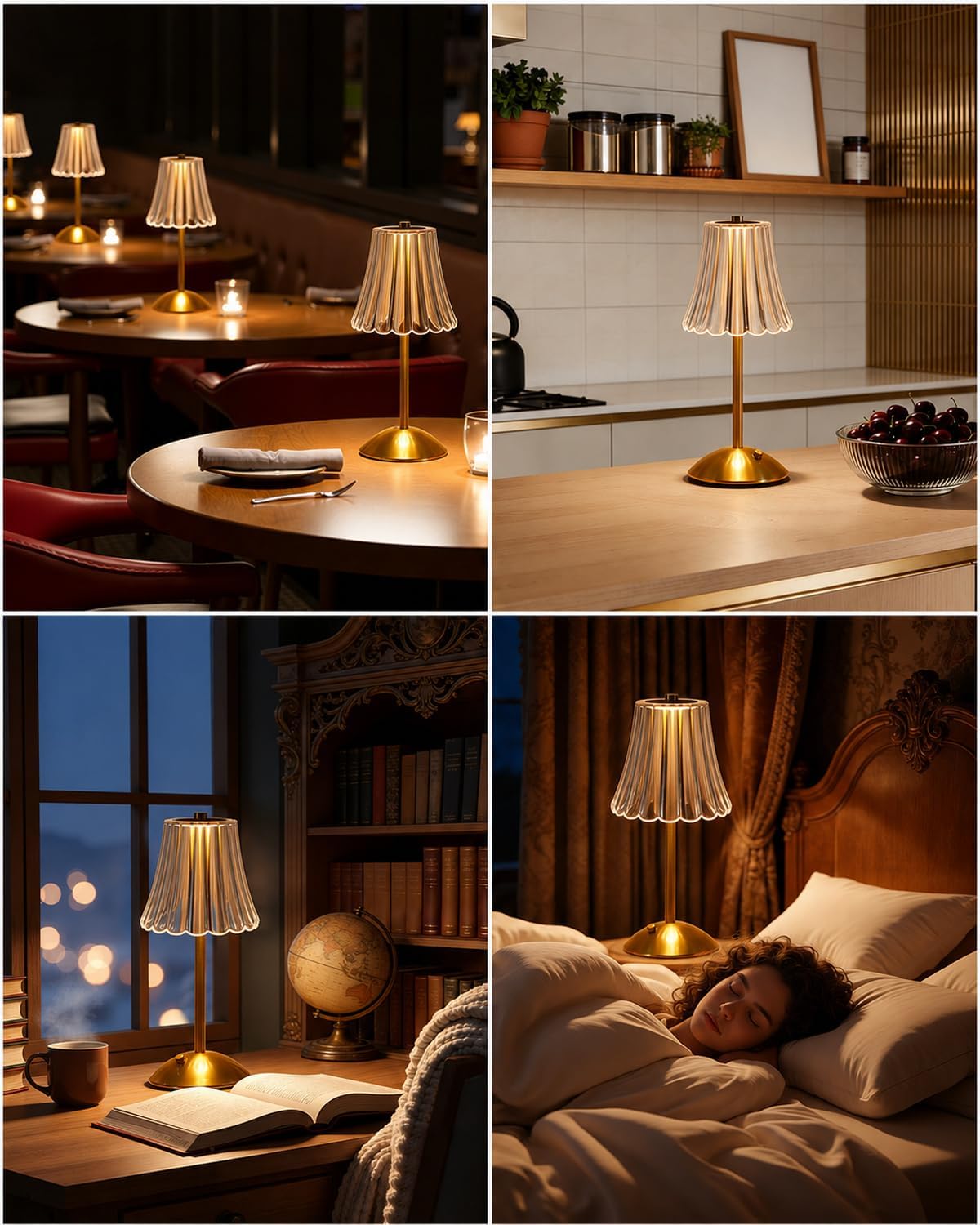 Nusogon Rechargeable Cordless Table Lamp, Gold Touch Crystal Desk Lamp | 3 Color Dimmable LED Small Lamp, Battery
