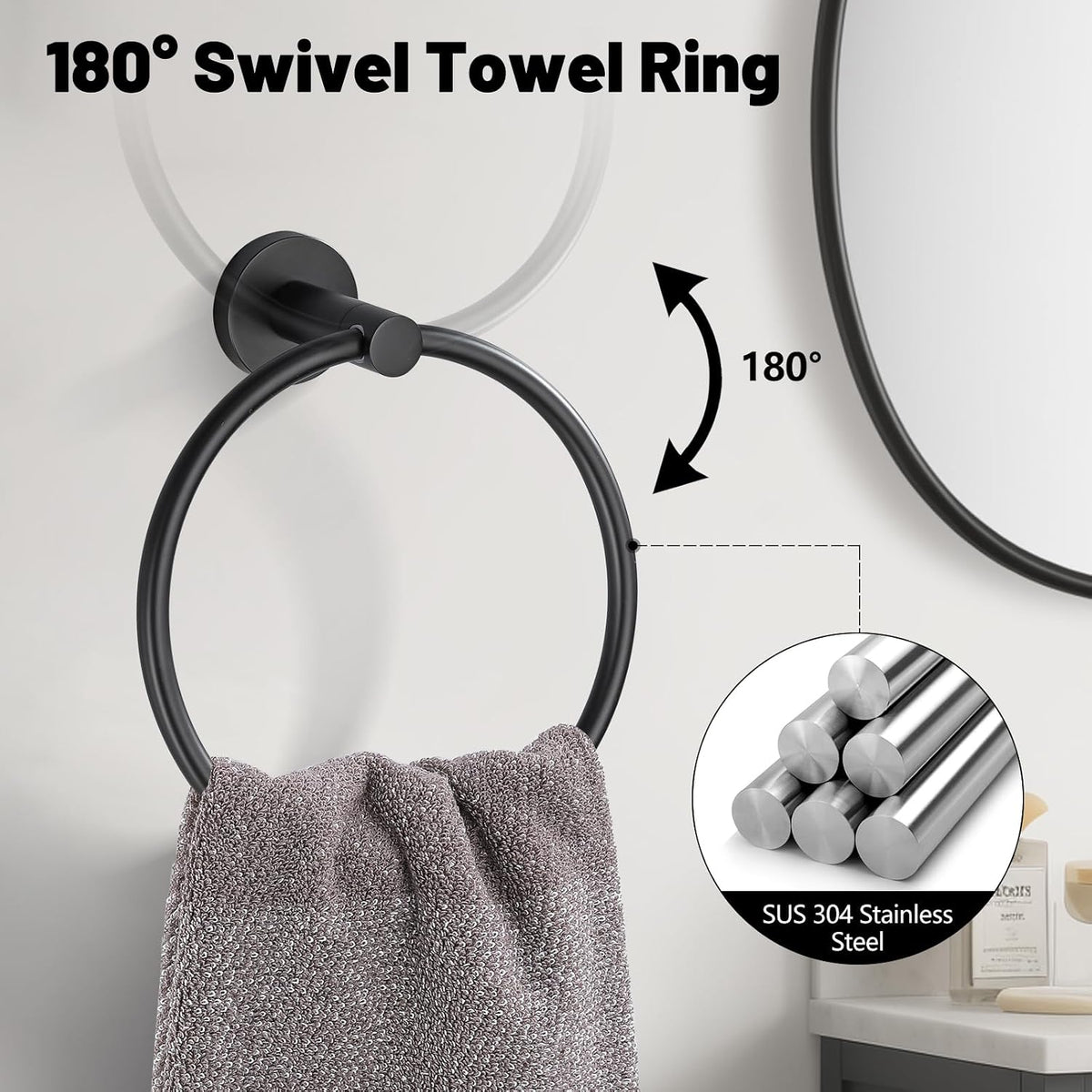 5 Pieces Matte Black Bathroom Hardware Accessories Set SUS304 Stainless Steel Black Towel Bar Holder Set, 23.6Inch