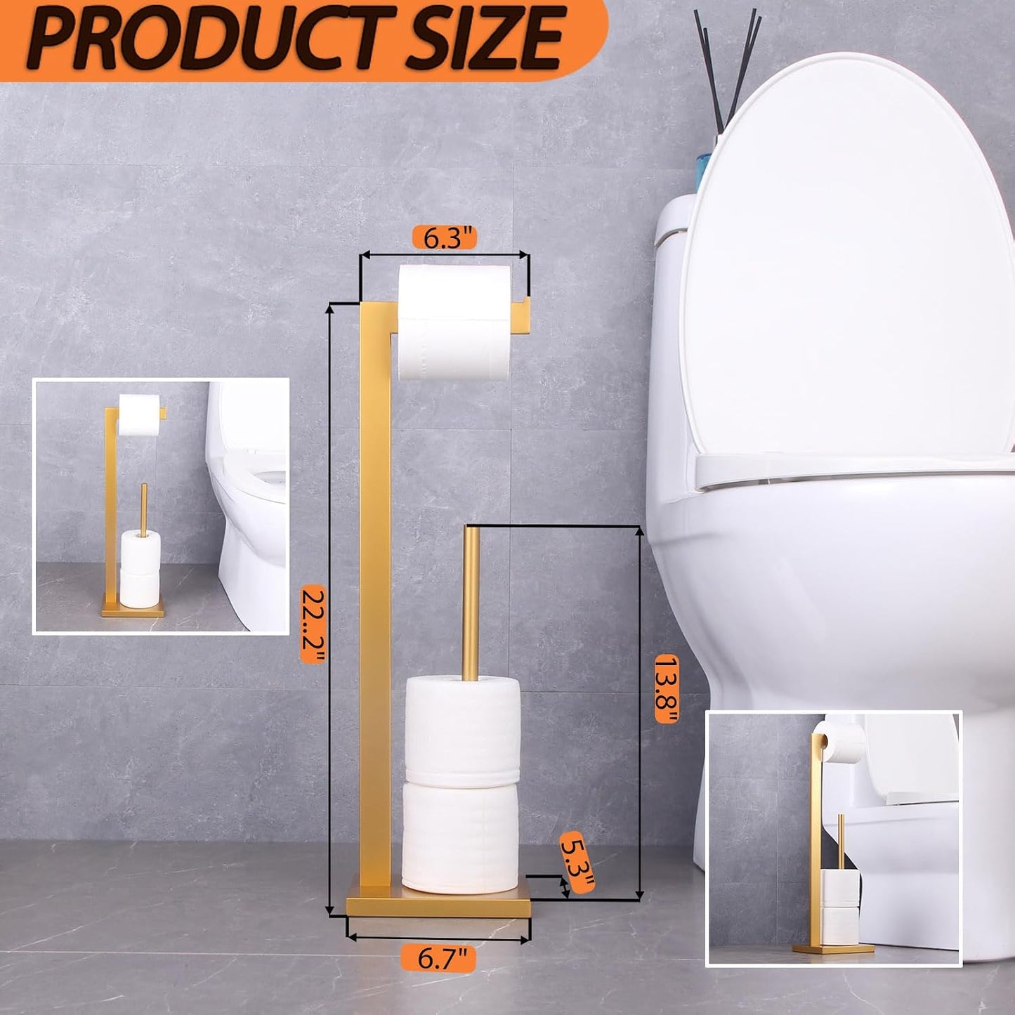 GERZWY Gold Toilet Paper Holder Free Standing with Reserve Stainless Steel Tissue Roll Holder Floor Stand Storage