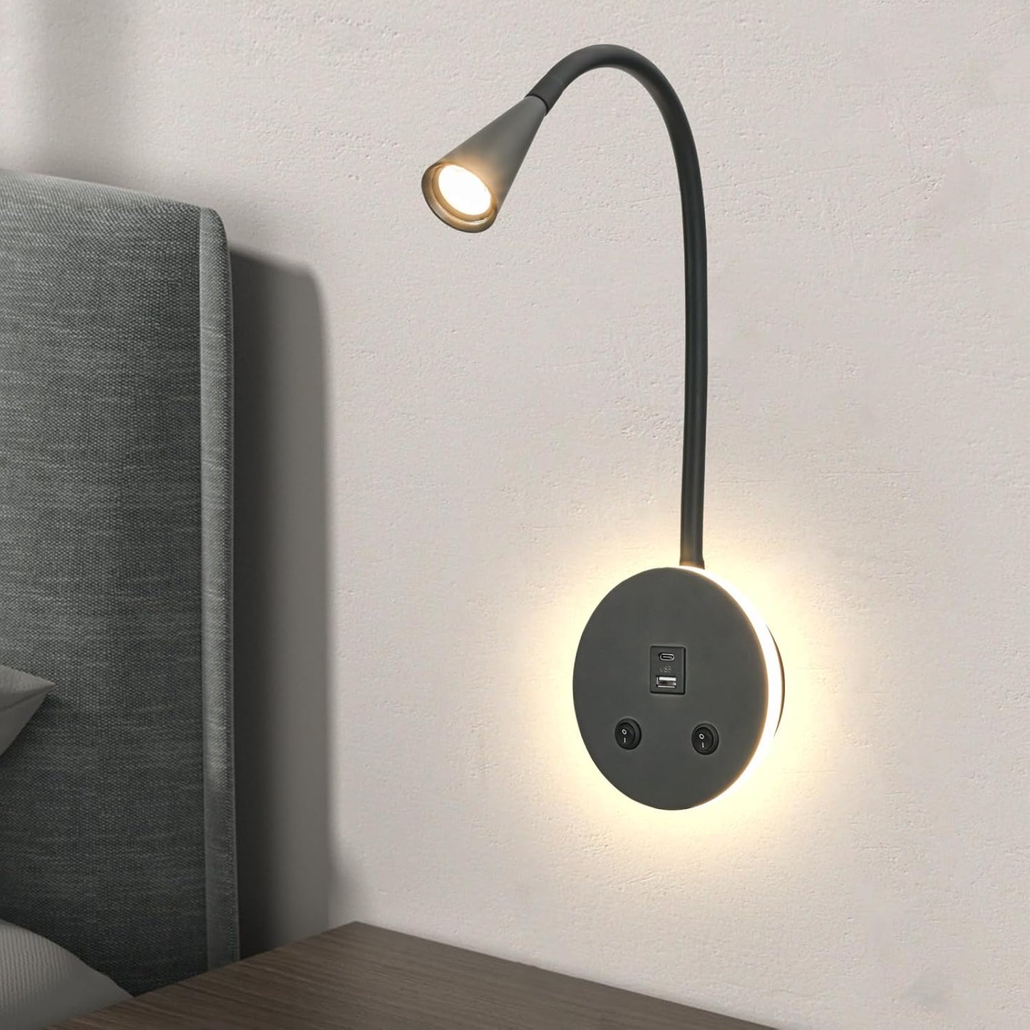 Book Lights for Reading at Night, LED Wall Mounted Reading Light, Flexible Gooseneck Wall Lamps for Bedroom, Plug in
