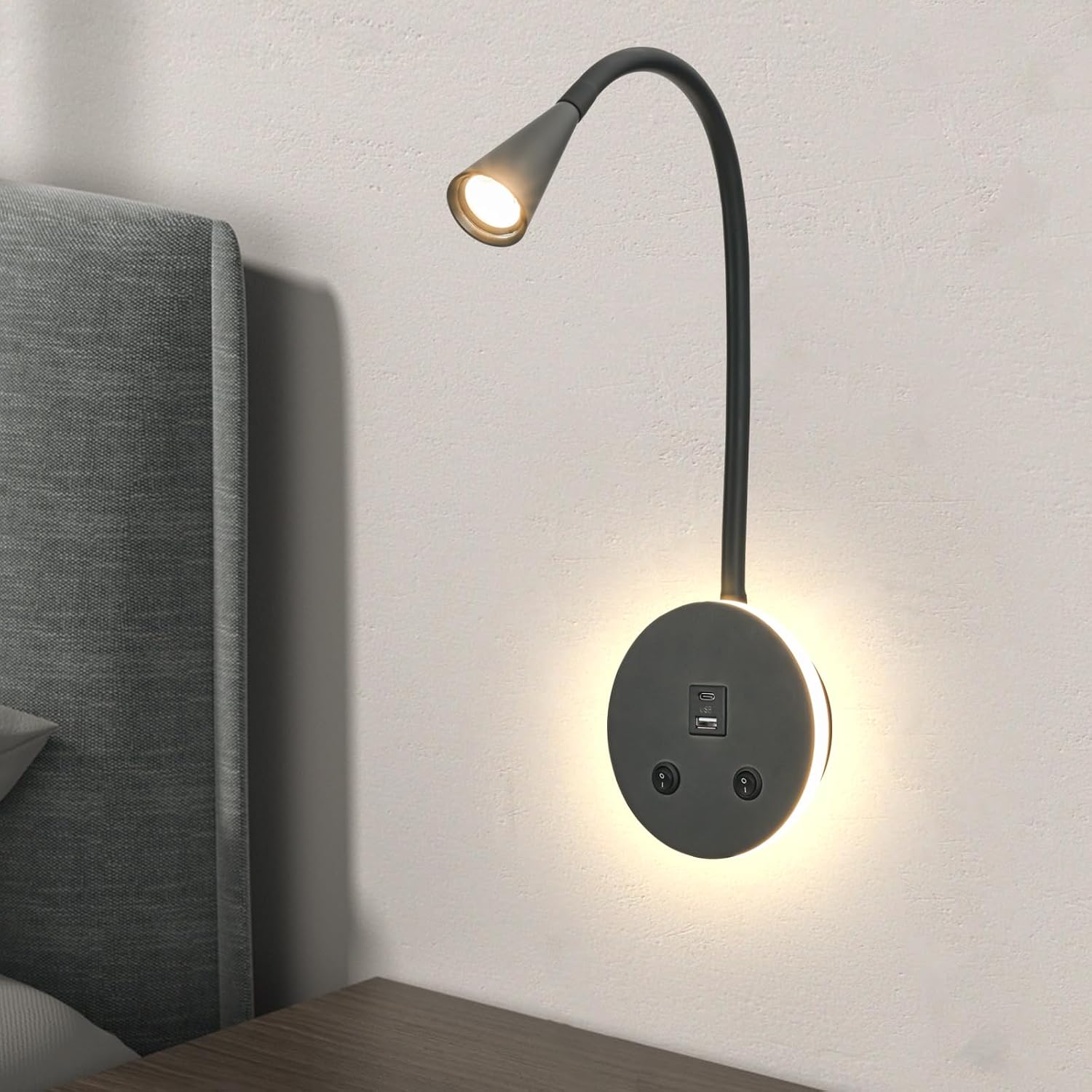 Book Lights for Reading at Night, LED Wall Mounted Reading Light, Flexible Gooseneck Wall Lamps for Bedroom, Plug in