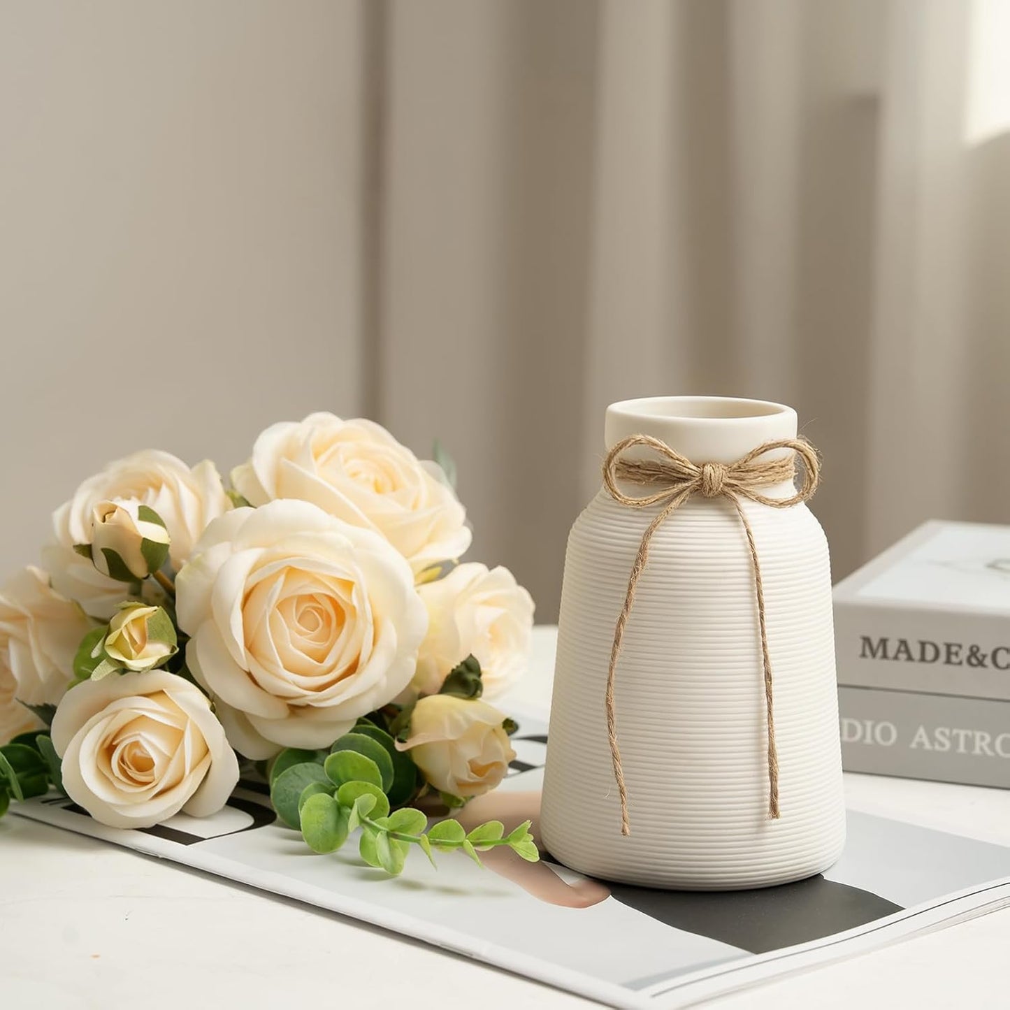 Eucalyptus Stems in Ribbed Texture Ceramic Vase / White