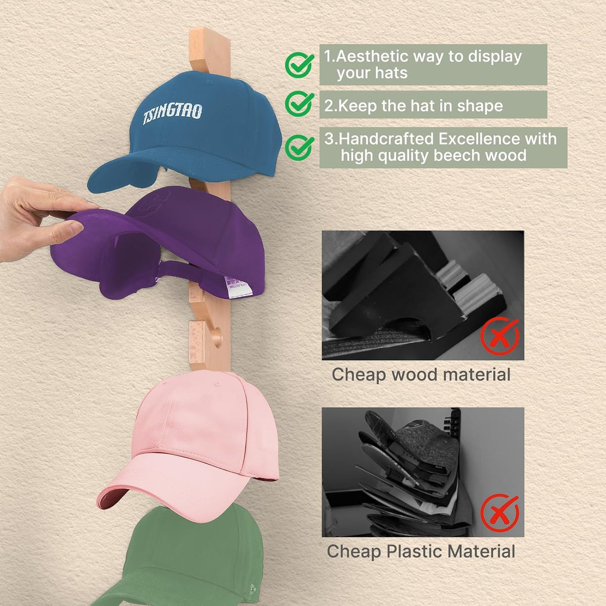 3 Pack Beech Wood Hat Rack for Wall – 10 Hooks Baseball Cap Organizer | Vertical Hats Hooks & Display Holder Storage