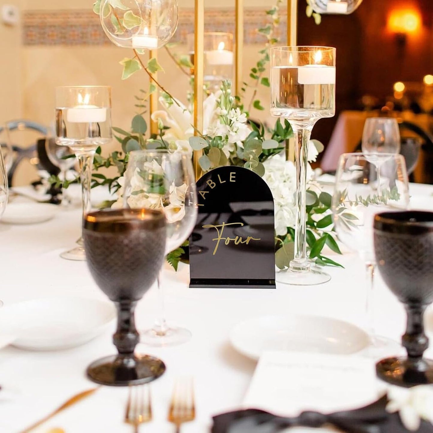 Black Arch Wedding Table Numbers 1-30 with Stands, 5x7 Inch Arch Acrylic Sign Black and Gold Lettering, Arch Acrylic