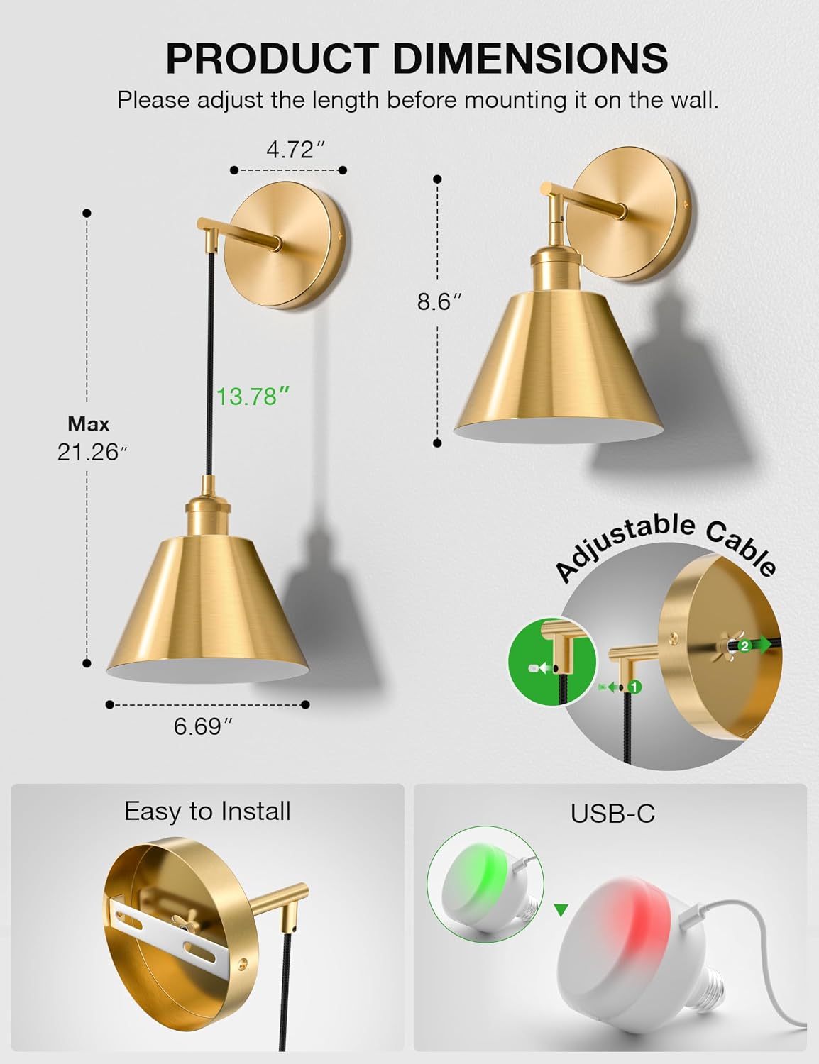 Brushed Gold Battery Operated Wall Sconce Set of 2, 5200mAh Dimmable Detachable Bulbs and Remote Wireless Rechargeable