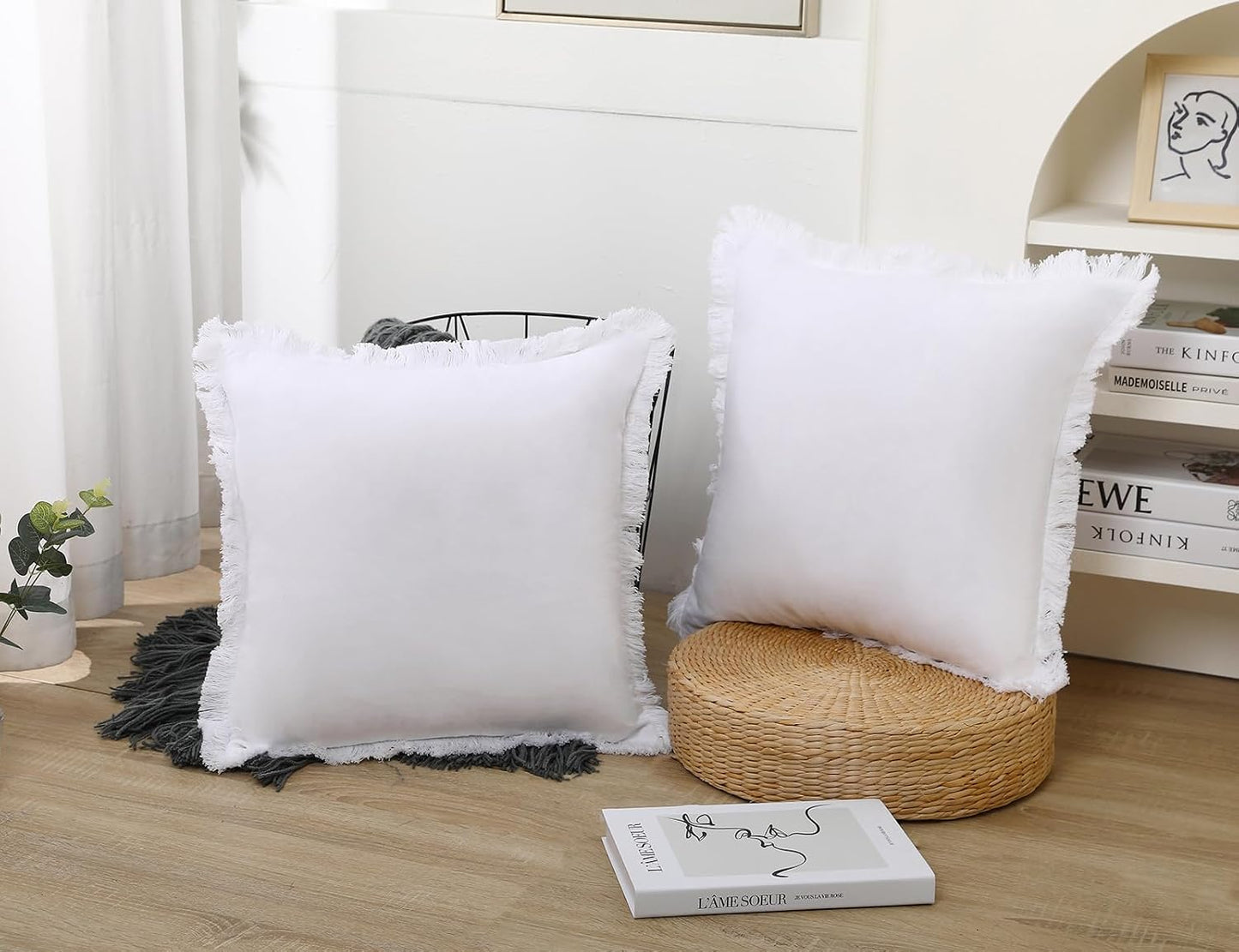 Natural Linen Fringed Throw Pillow Covers / White / 18 x 18 / Set of 2