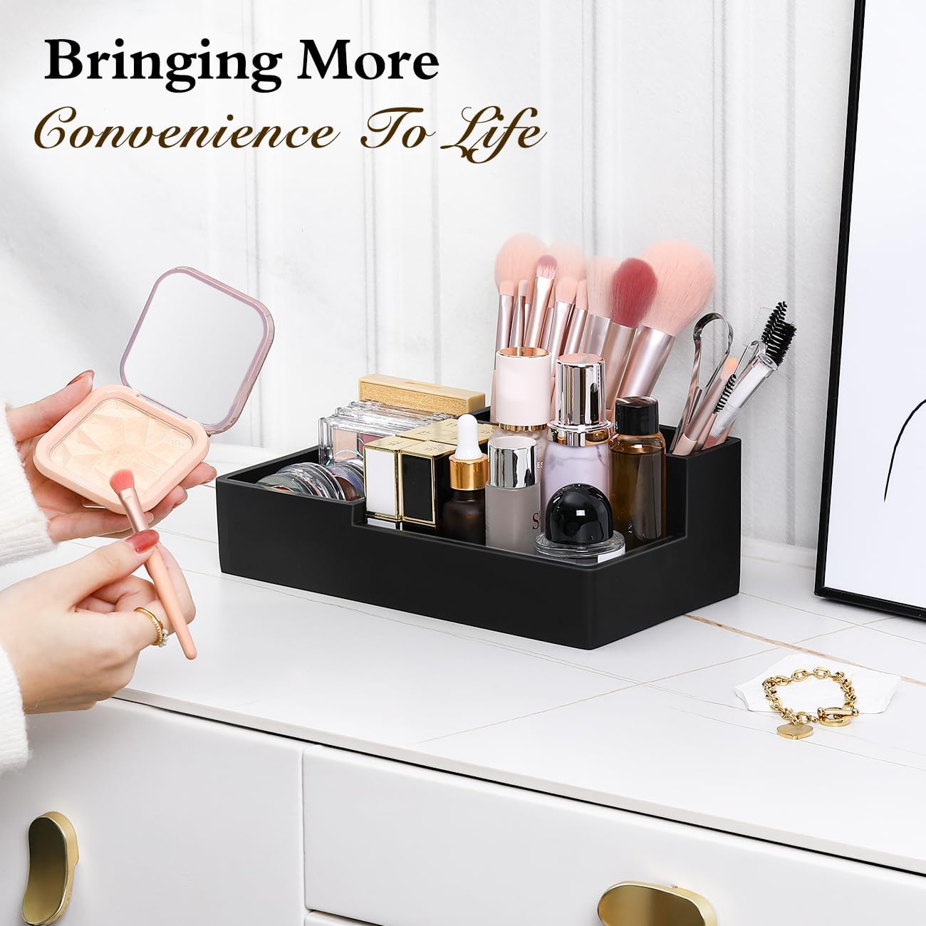 Luxspire Bathroom Counter Organizer with Lid, 6 Slots, Matte Black | Bathroom Vanity Organizer, Bathroom Organizer
