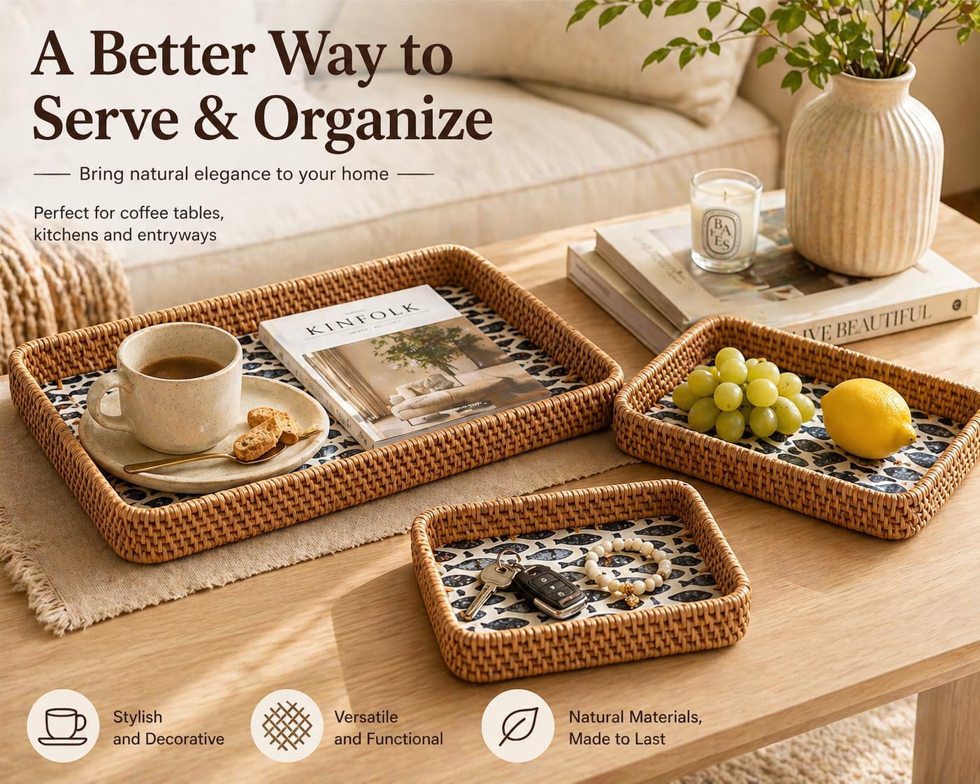 Woven Rattan Tray / Natural / Set of 3