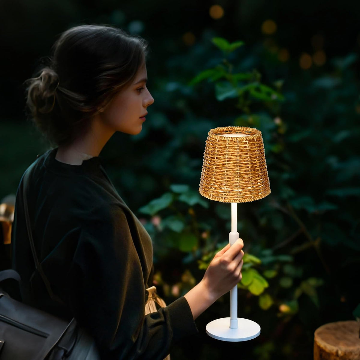 Mr.White Outdoor Waterproof Rechargeable Cordless Table Lamp with Telescopic Pole & Wicker Shade, 5200mAh Battery