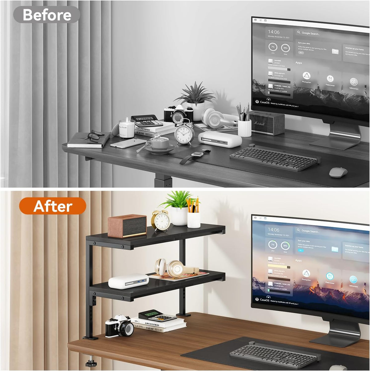 IBUYKE Clamp on Desk Shelf, 22.8” Large Desk Extender Shelves UTMZ010B | Tool-Free, Flexible Repositioning,Adjustable