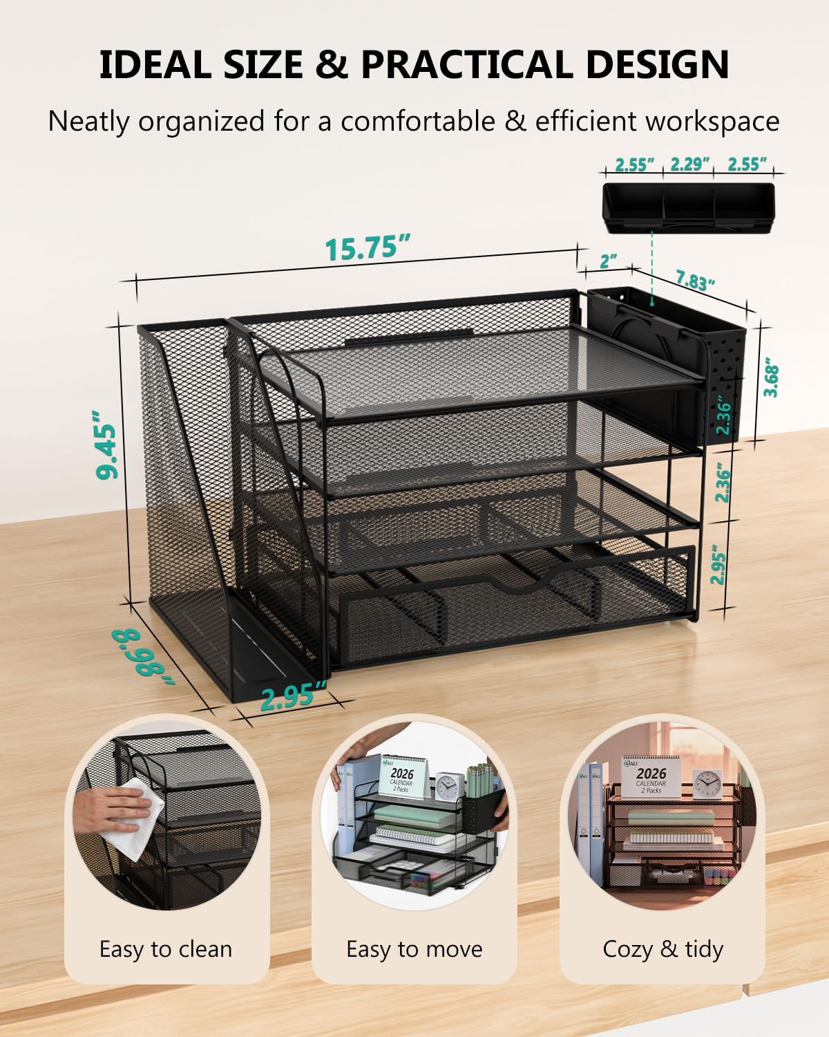 WALI Desk File Organizer, 4 Tier Desktop Paper Letter Tray Organizer with Drawer and 2 Pen Holders, Office Desk