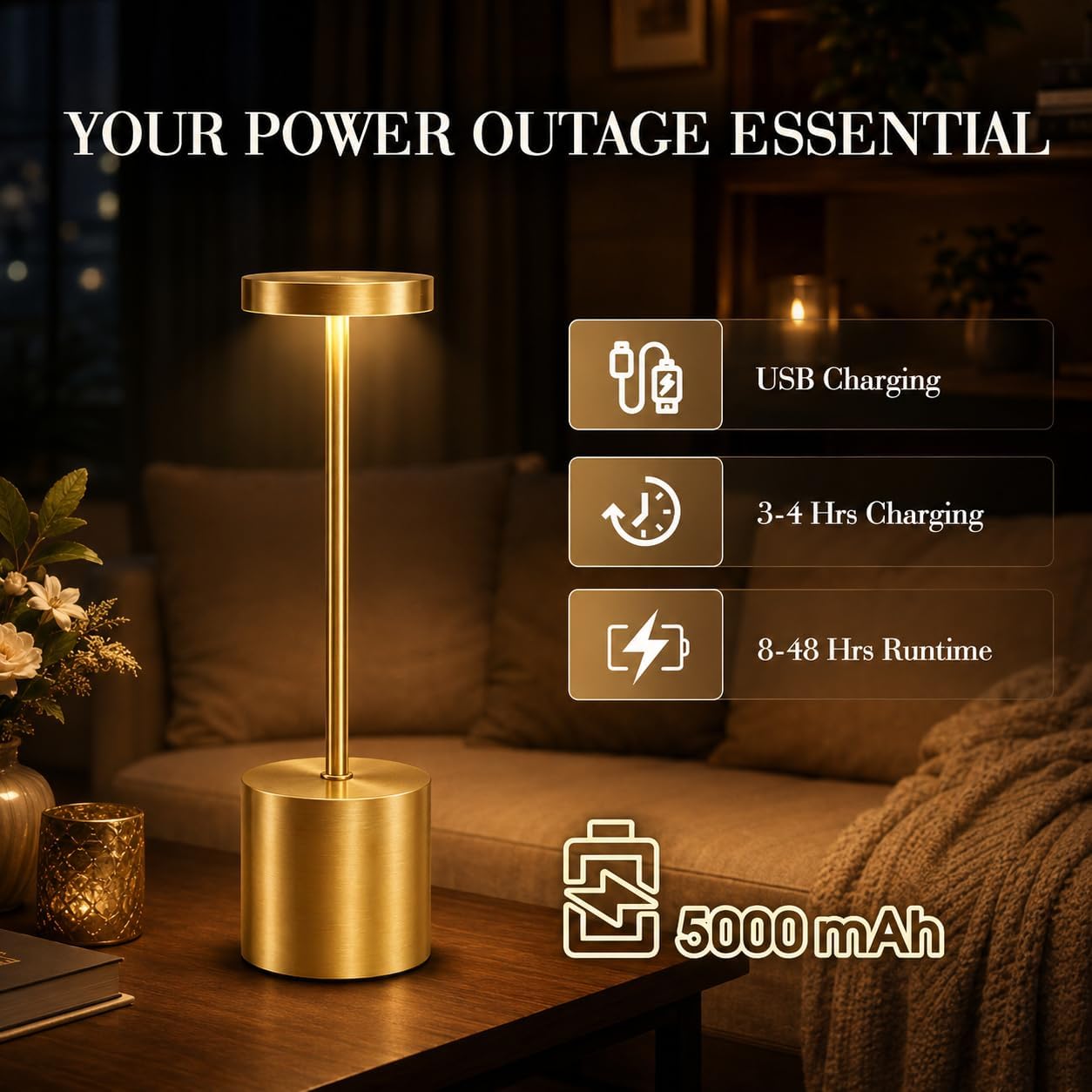AUDLES Gold Cordless Table Lamps Set of 2, Brass Rechargeable Lamp, Battery Operated Lamps for Wedding Centerpiece &