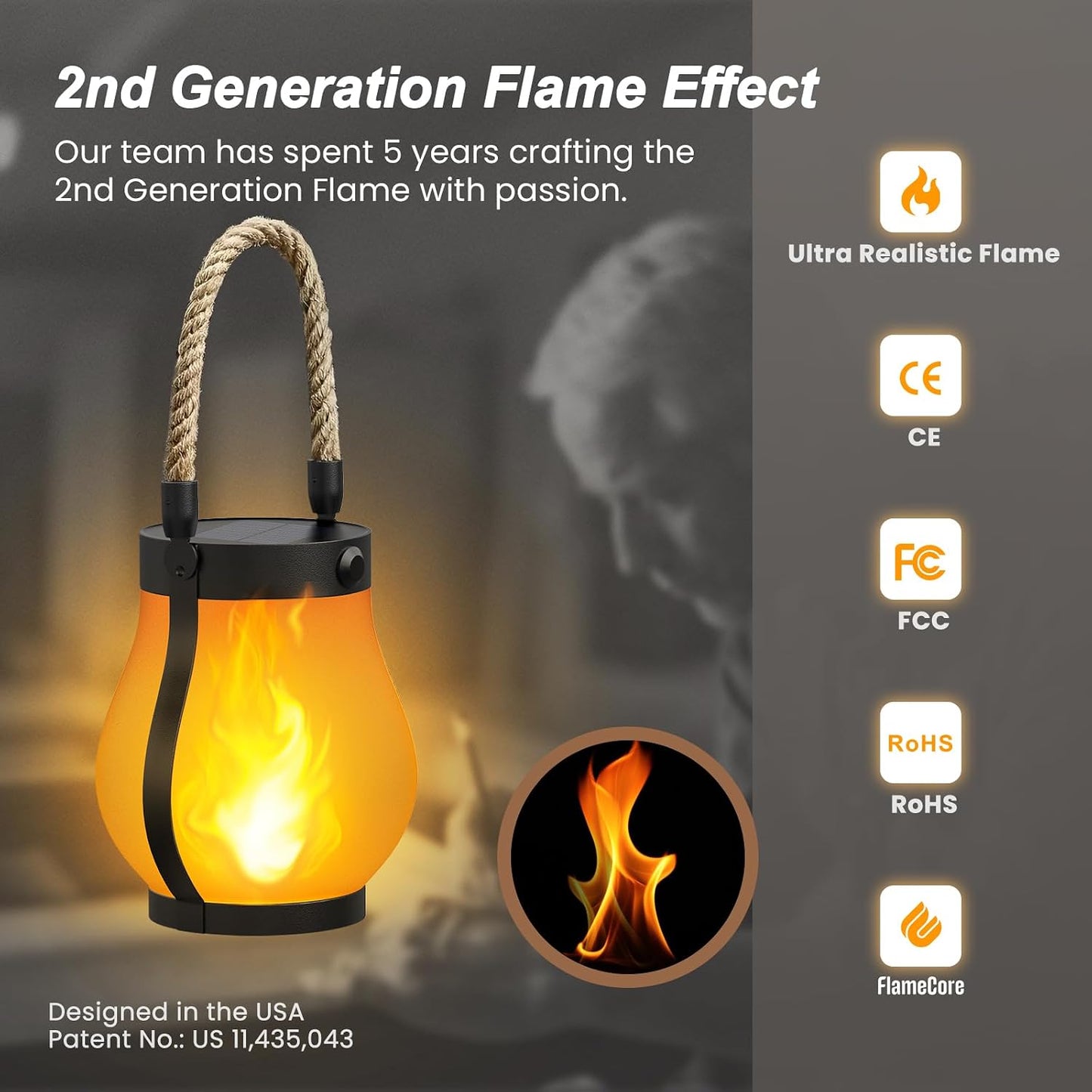 Hompavo Gen2 Solar Lanterns Outdoor Waterproof with Ultra-Real Flame | USB/Solar Charging & 2-Mode, Waterproof