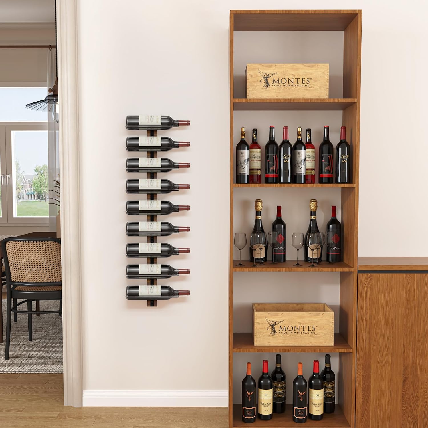 B4Life Wall-Mounted Wine Rack, 9 Bottles Wood & Metal Storage | Collectors, Dining Rooms, Kitchens, Home Bars, Wine