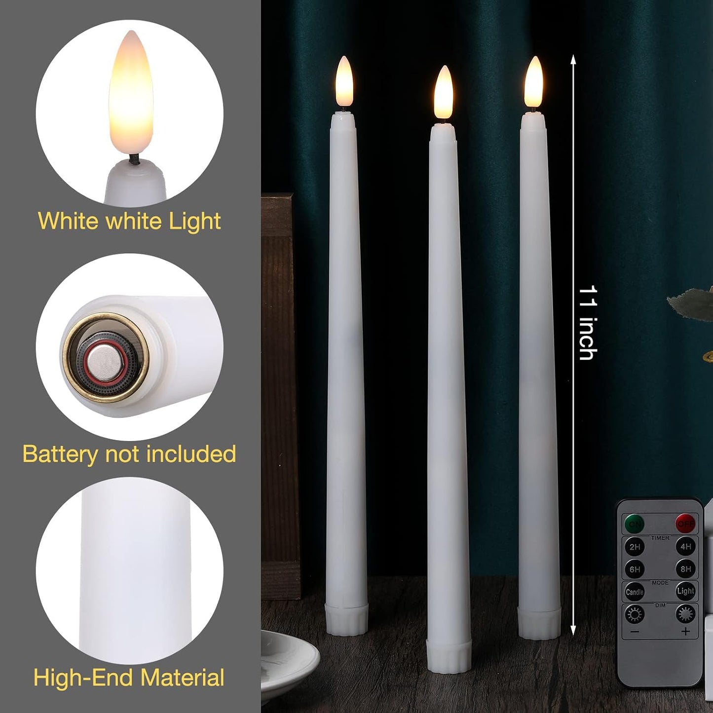20 Pcs LED Flameless Taper Candles with Remote Timer,10.83",White | Battery Operated Flickering Candlesticks for