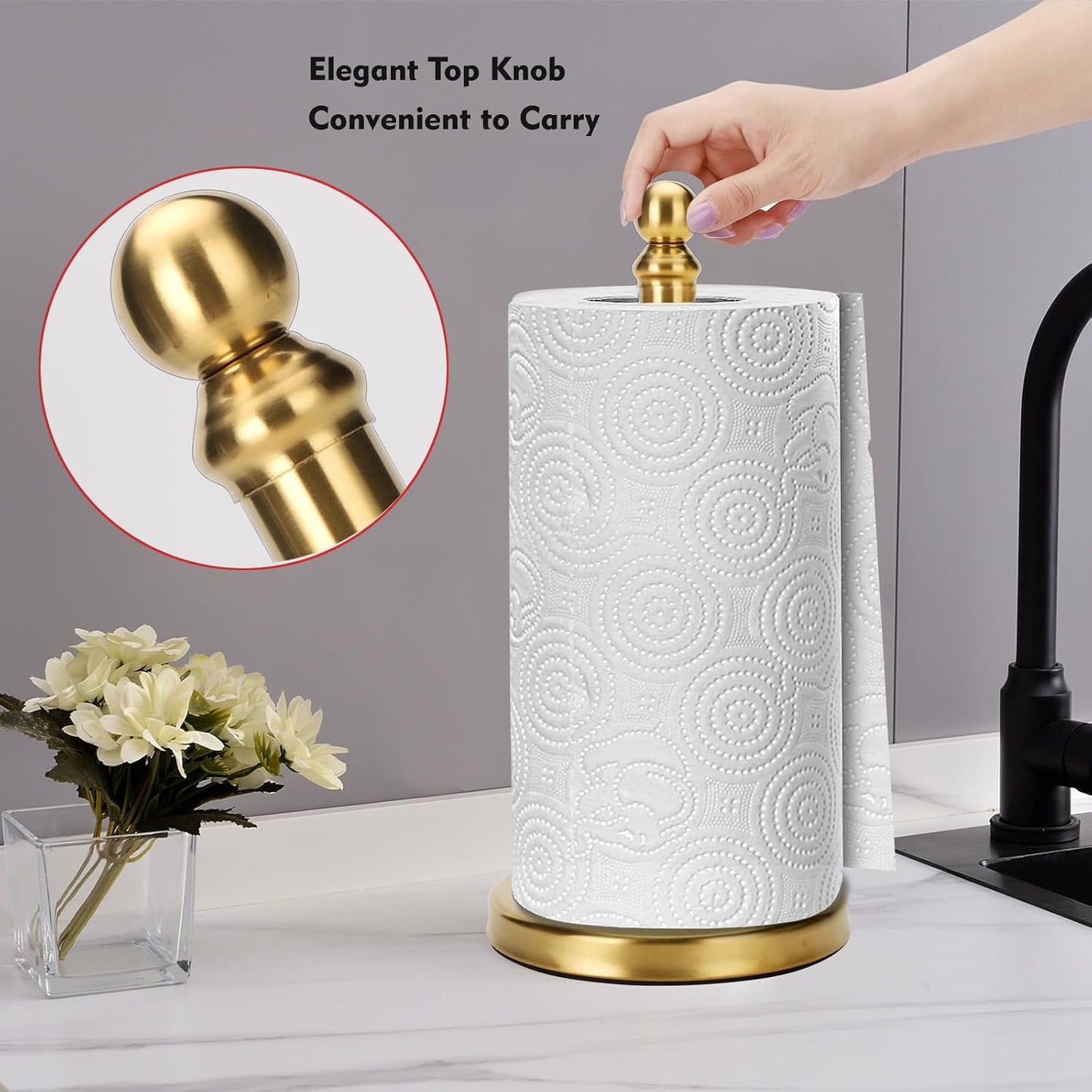 Paper Towel Holder Stand, Gold Paper Towel Holder Countertop, with Weighted Base for One-Handed Operation (Gold)