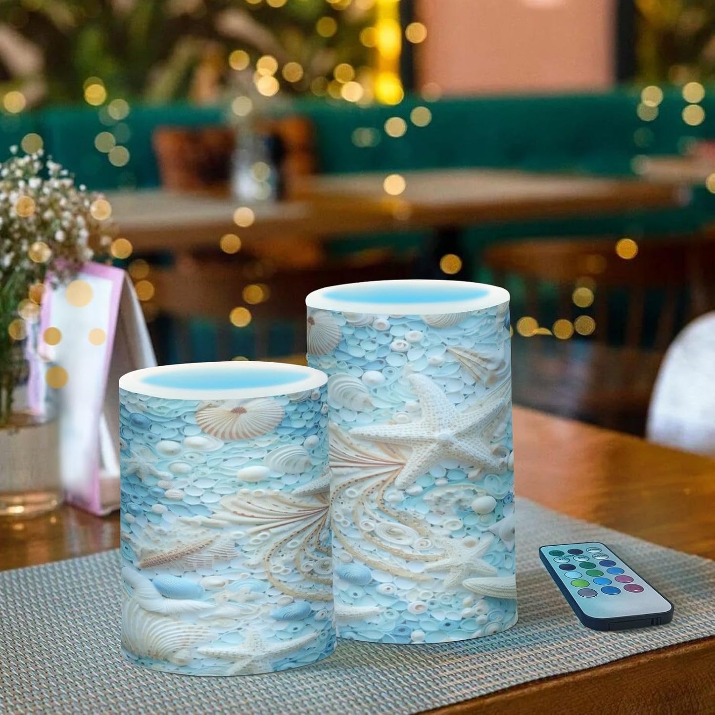 Flickering Flameless Candles, Starfish Seashell LED Candles with Remote Timer, Set of 2 Battery Operated Candle for