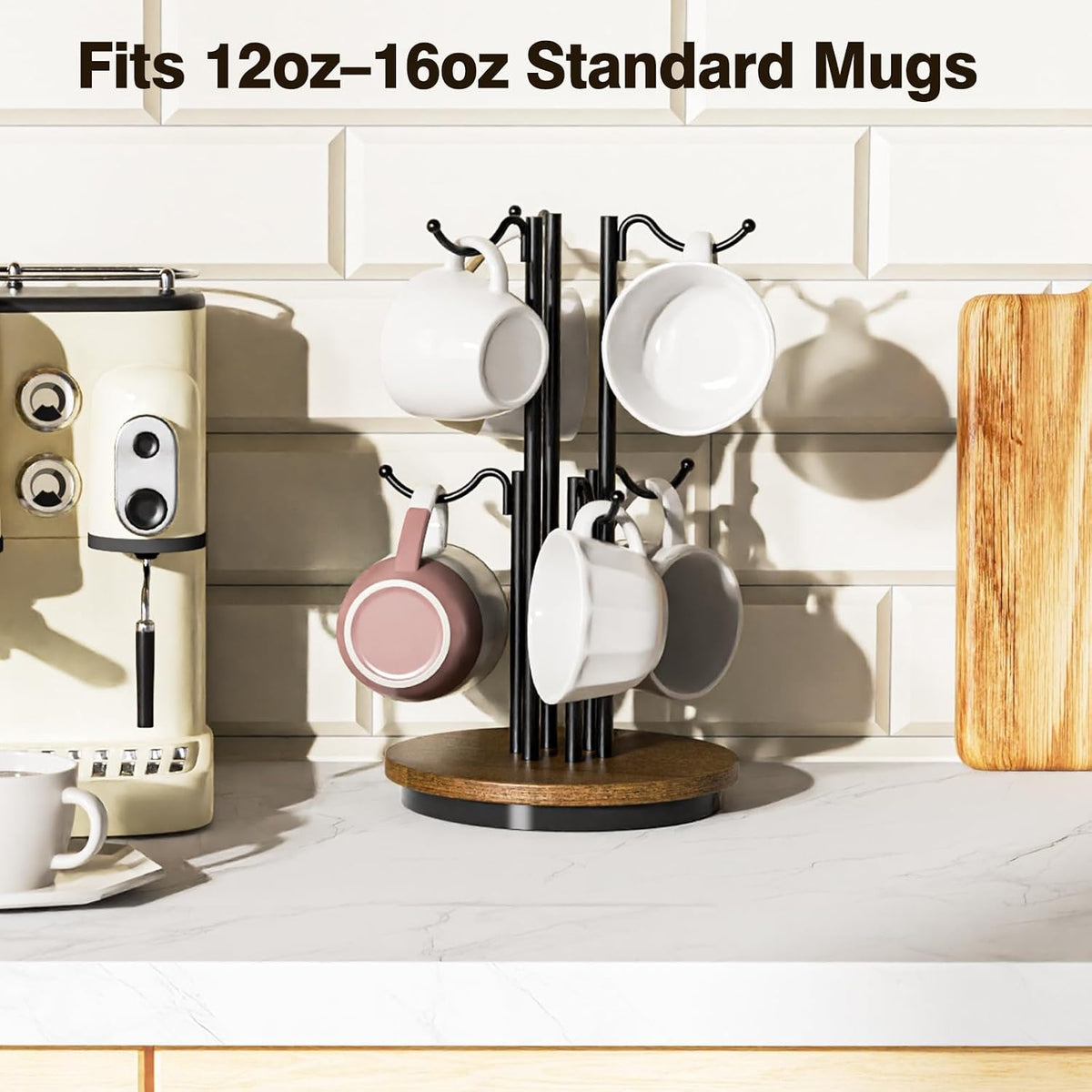 6-Hook 360° Rotating Large Coffee Mug Tree for Counter, Wood Base, Brown | 360° rotation, 6 mugs (12-16oz), 5.7"