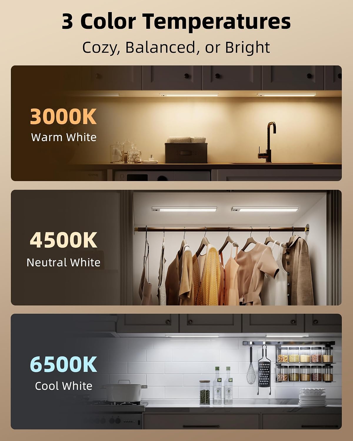 EZVALO 3-Pack 16.5inch Under Cabinet Lighting with Remote, 4000mAh Rechargeable Motion Sensor Lights, Magnetic Dimmable