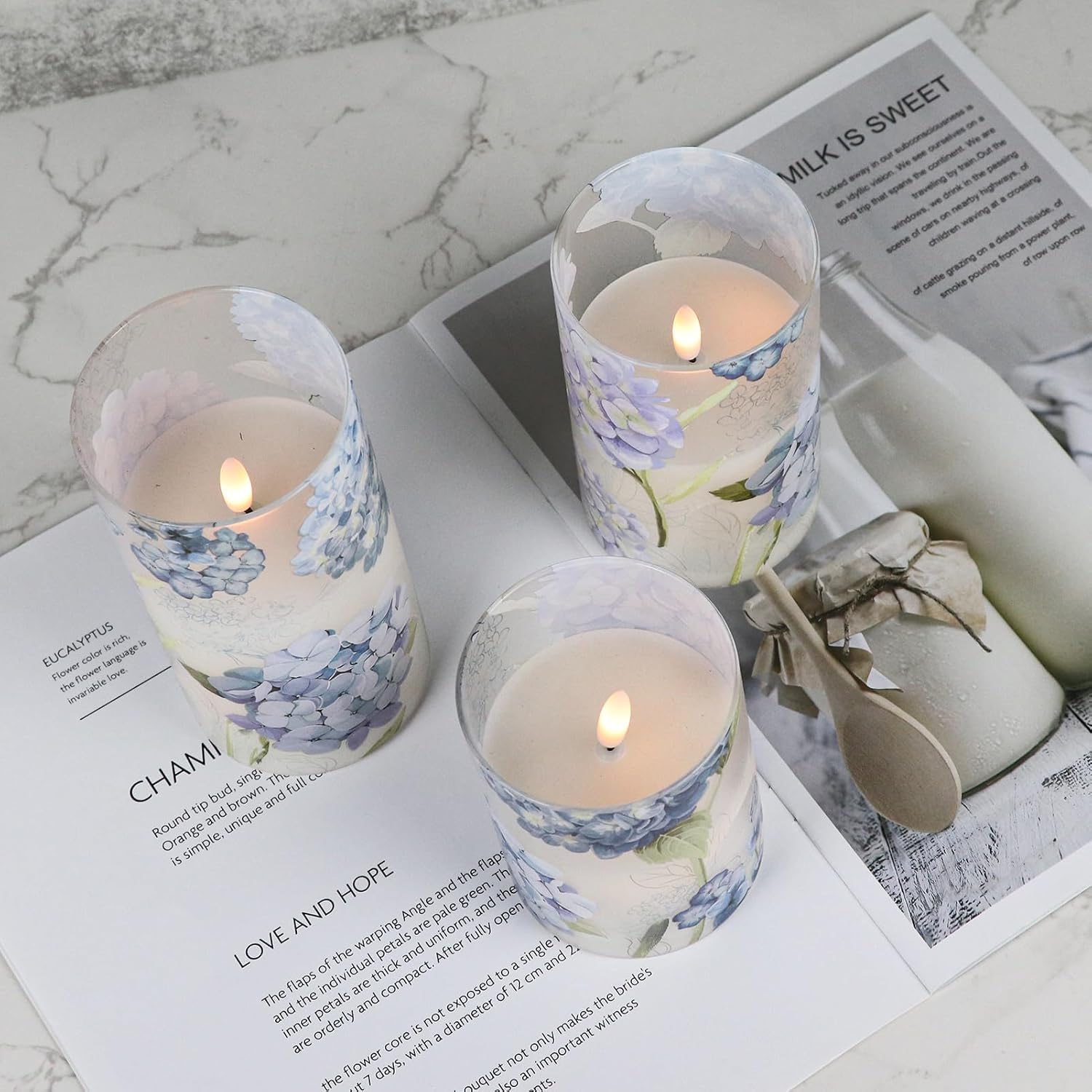 Hydrangea Glass Flameless Candles Batttery Operated Remote Timer | LED Flickering Pillar Candles, Real Wax 400 Hours
