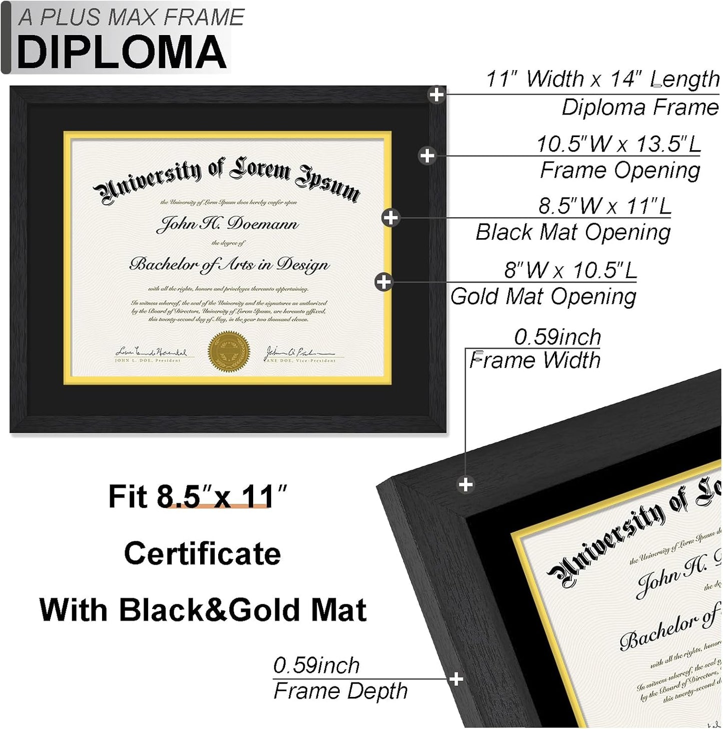 Black 11x14 Diploma Frame Set of 3 Display 8.5x11 Certificate with Mat | Black Wood-grain Document Frame with