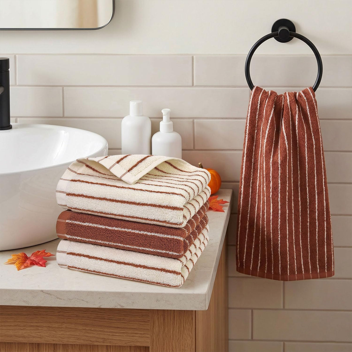 Striped Cotton Hand Towels Set of 4 - Soft, Absorbent Towels for Bathroom | Kitchen & Fall Gatherings, 13" x 29"