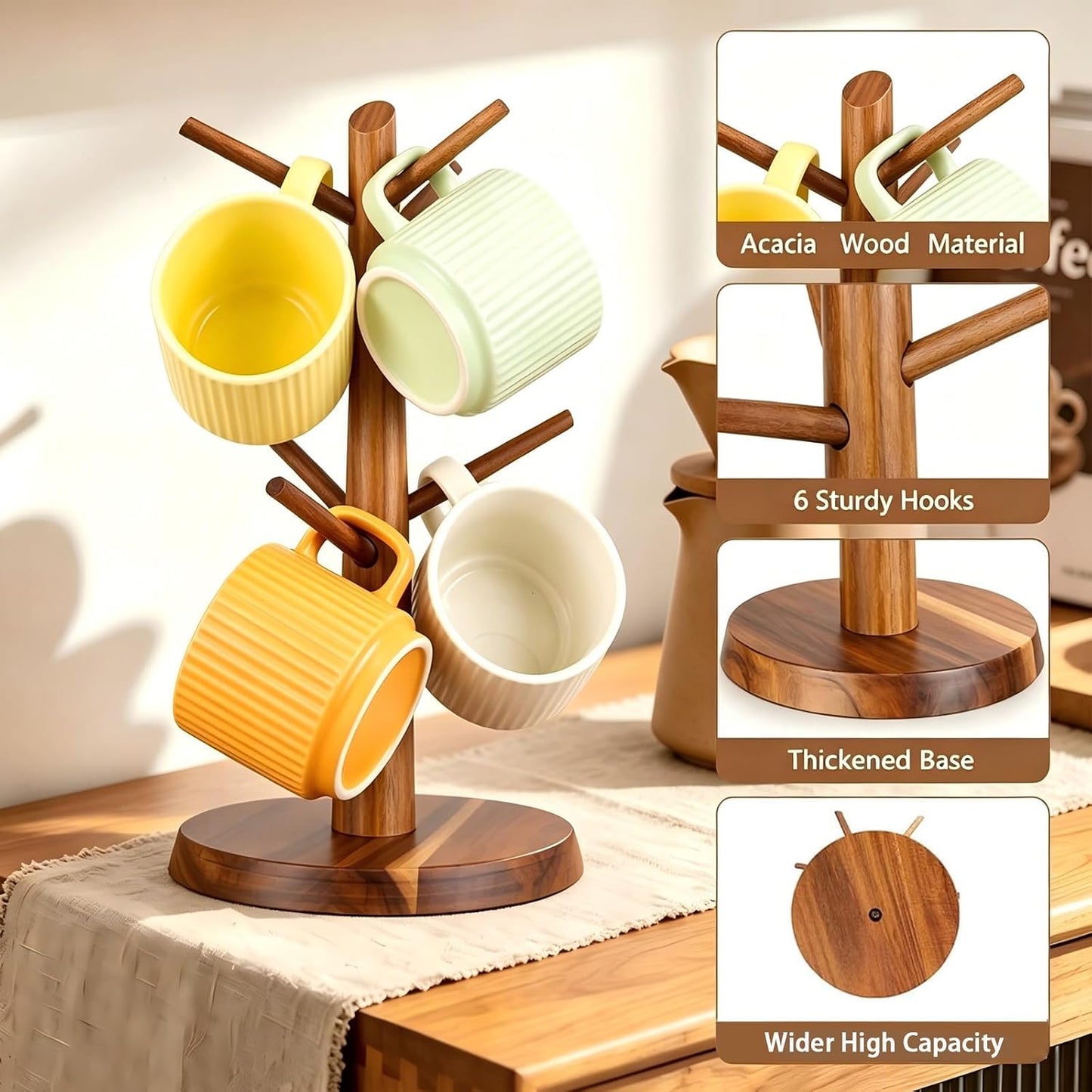 Acacia Wood Coffee Mug Tree Holder Countertop with 6 Hooks | Wooden Mug Organizer for Kitchen Coffee Bar, Easy to
