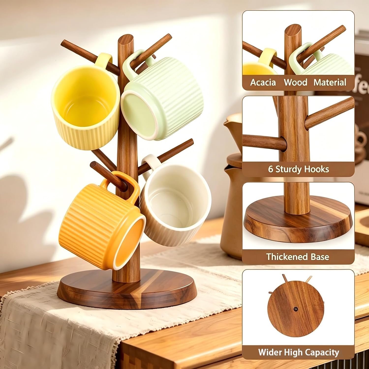 Acacia Wood Coffee Mug Tree Holder Countertop with 6 Hooks | Wooden Mug Organizer for Kitchen Coffee Bar, Easy to