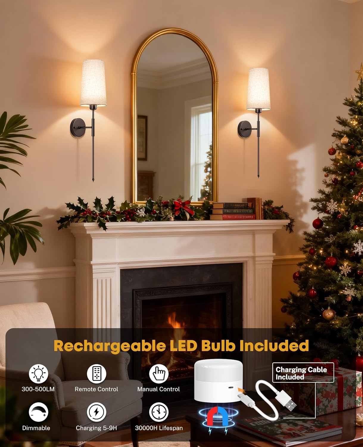Battery Operated Wall Sconce Set of 2, 13000mAh Rechargeable Battery Powered Sconces with Remote Dimmable Fabric Shade