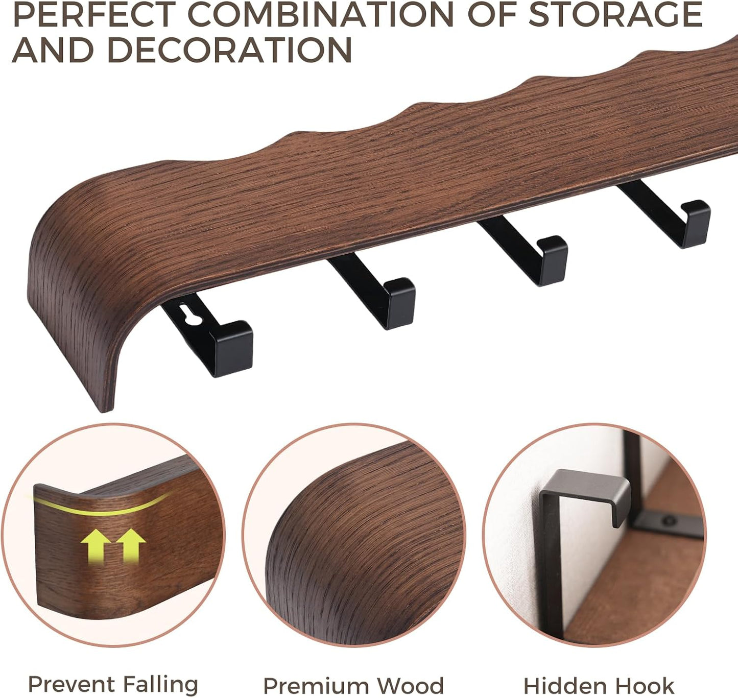Shelf Entryway Shelf Modern Key Holder Hanger Wall Shelves / Wavy Walnut Color / 5 Hooks