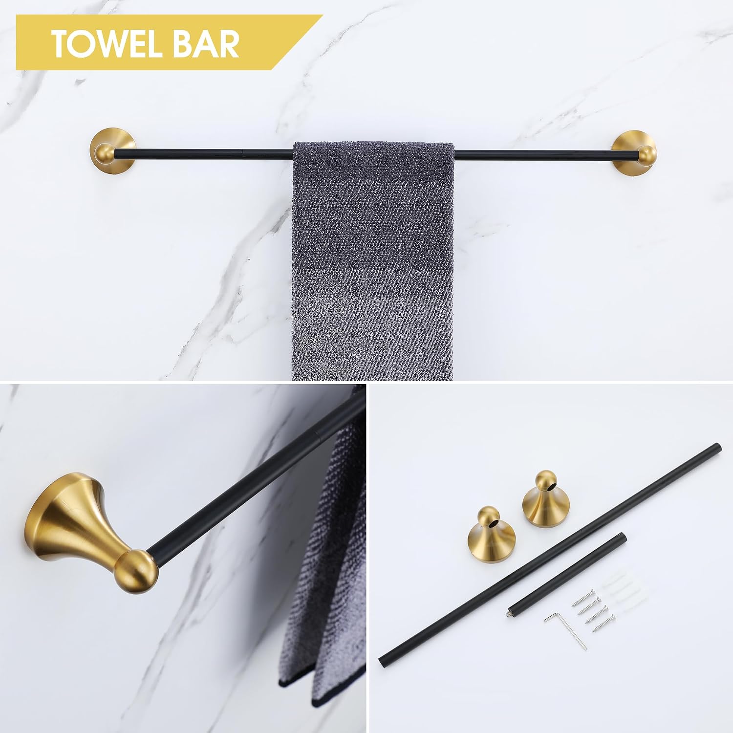 Brushed Gold and Black Bathroom Hardware Set, 4-Piece Black and Gold Bathroom Accessories Kit Stainless Steel 23.6 Inch