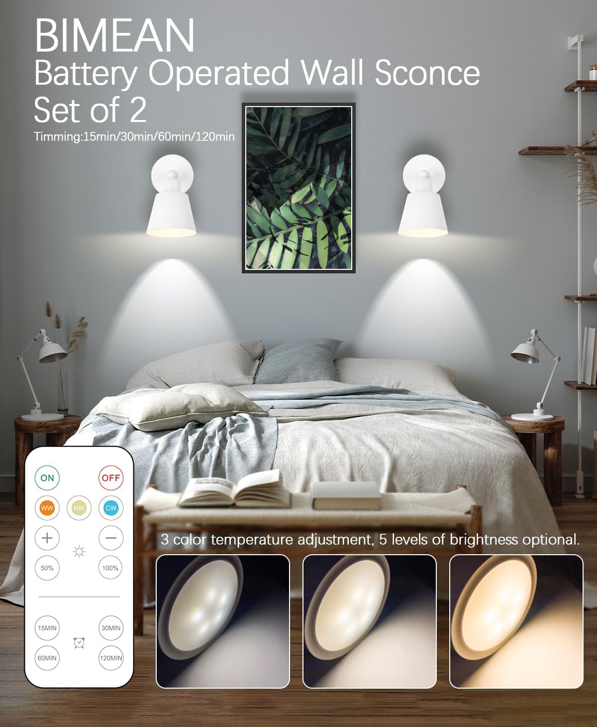 White Battery Operated Wall Sconce Set of Two, Easy to Install Wireless Lights for Wall, Remote Control Dimmable LED