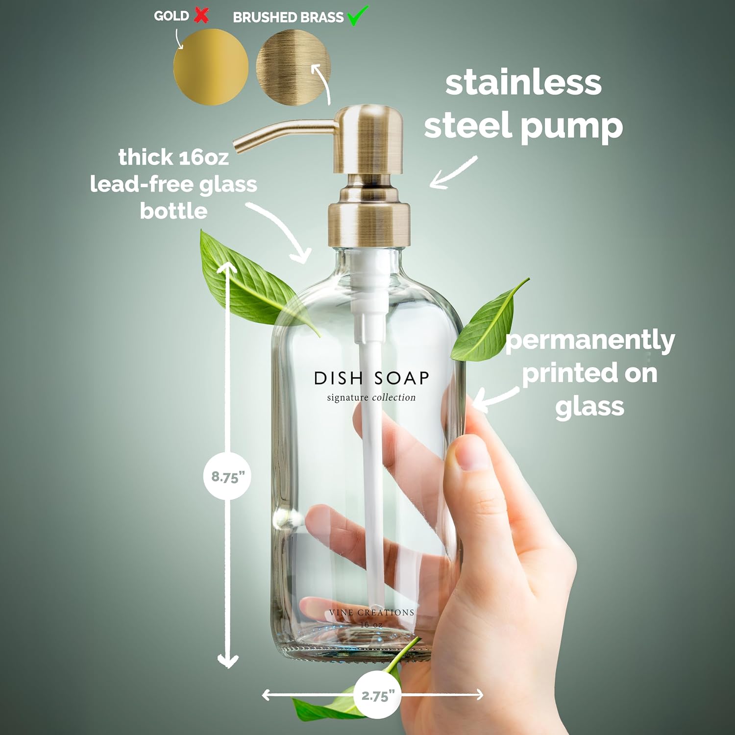 Vine Creations Clear Glass Soap Dispenser Set, Dish Soap and Hand Soap Dispenser Set with Stainless Steel Pump, 16 oz