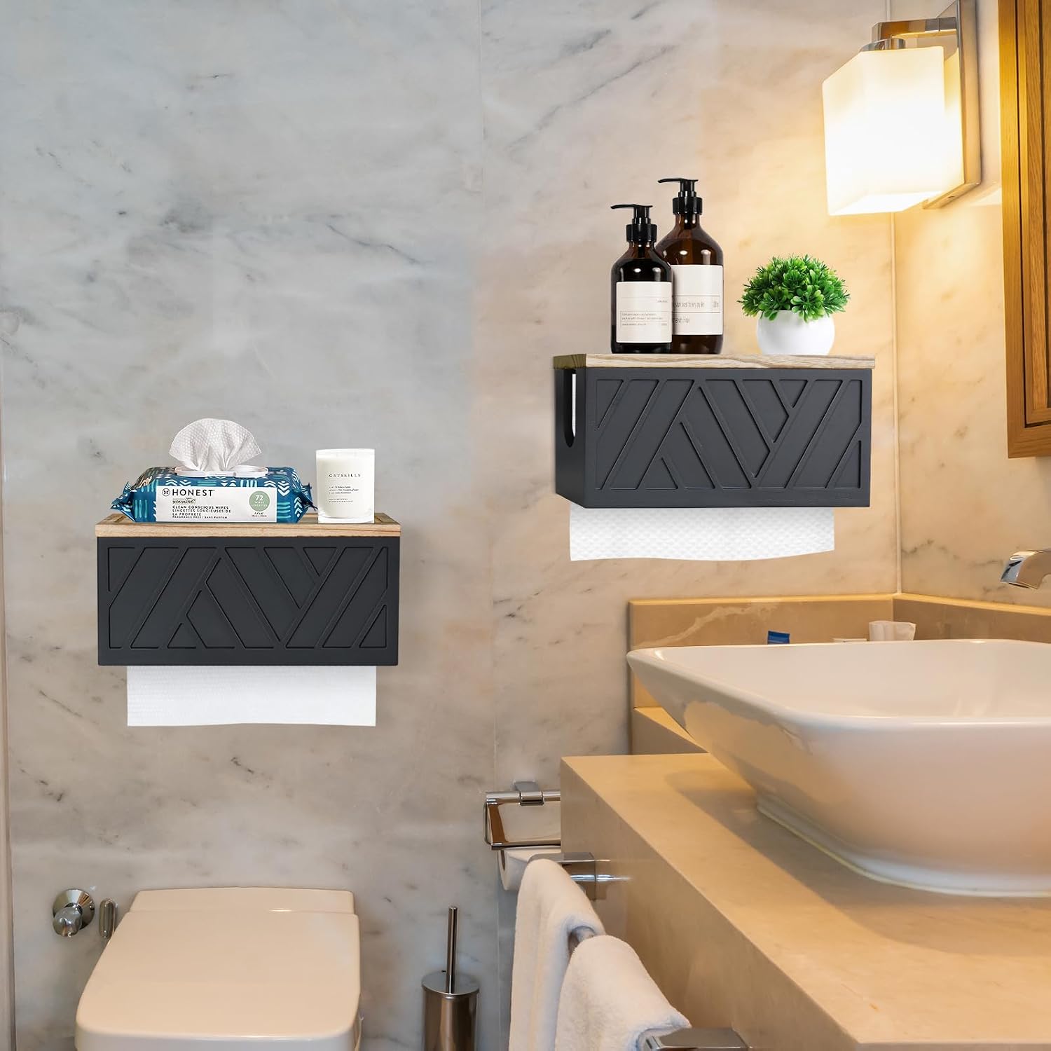 Set of 2 Paper Towel Dispenser Wall Mount, Paper Towel Holder Wall Mounted with Lid, Solid Wood Commercial C-Fold