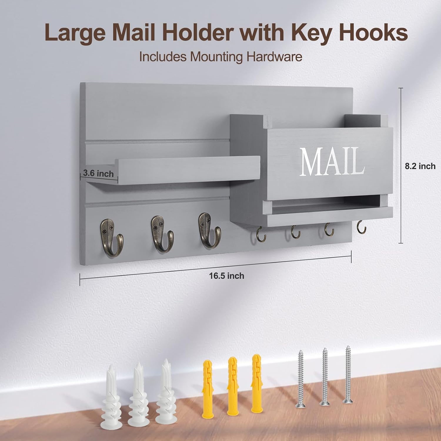 Shelf Includes Letter Holder and Hooks for Hallway Farmhouse / Gray