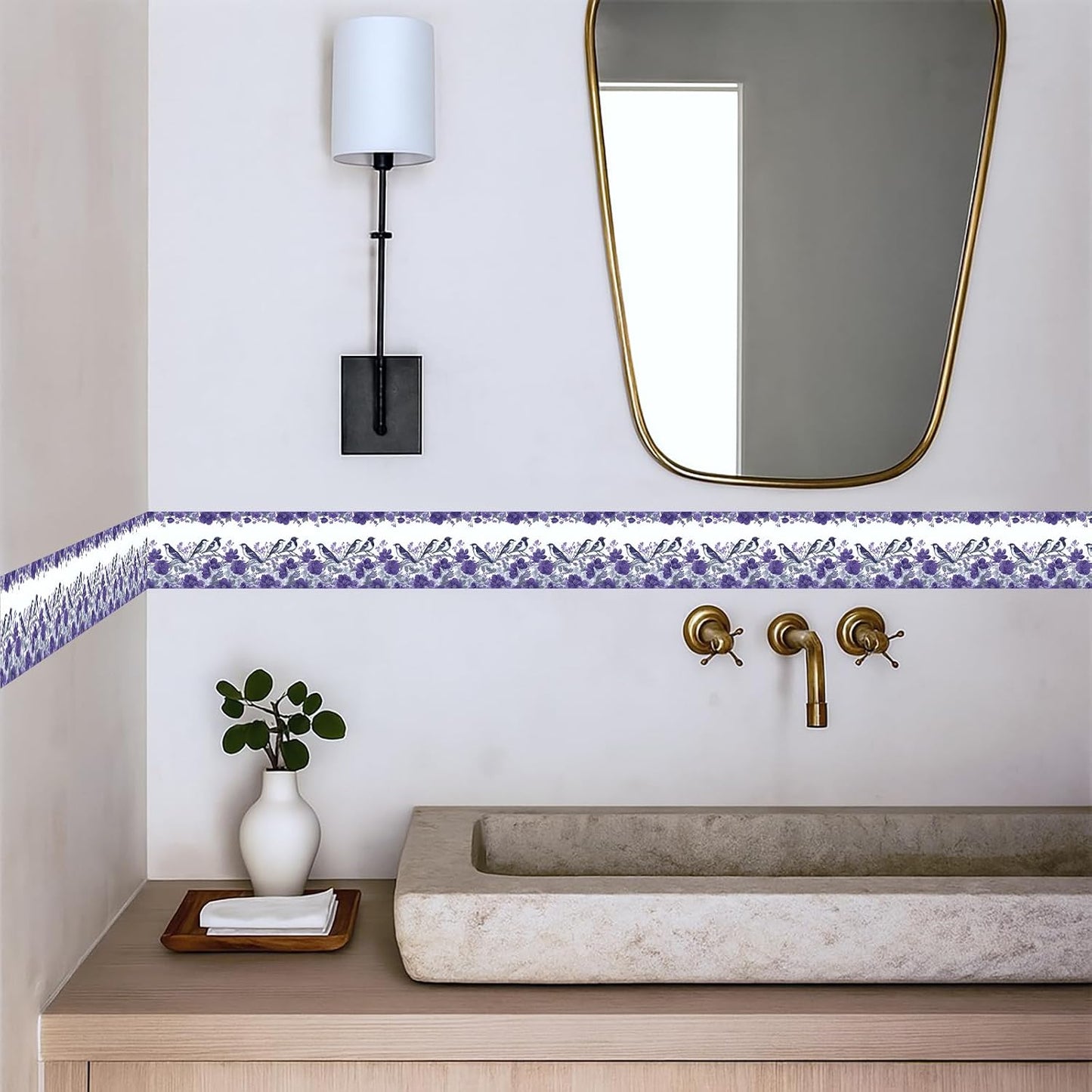 Wallpaper Border Peel and Stick Wall Border Self Adhesive Romantic / Purple Floral Bird / 196 x 4
