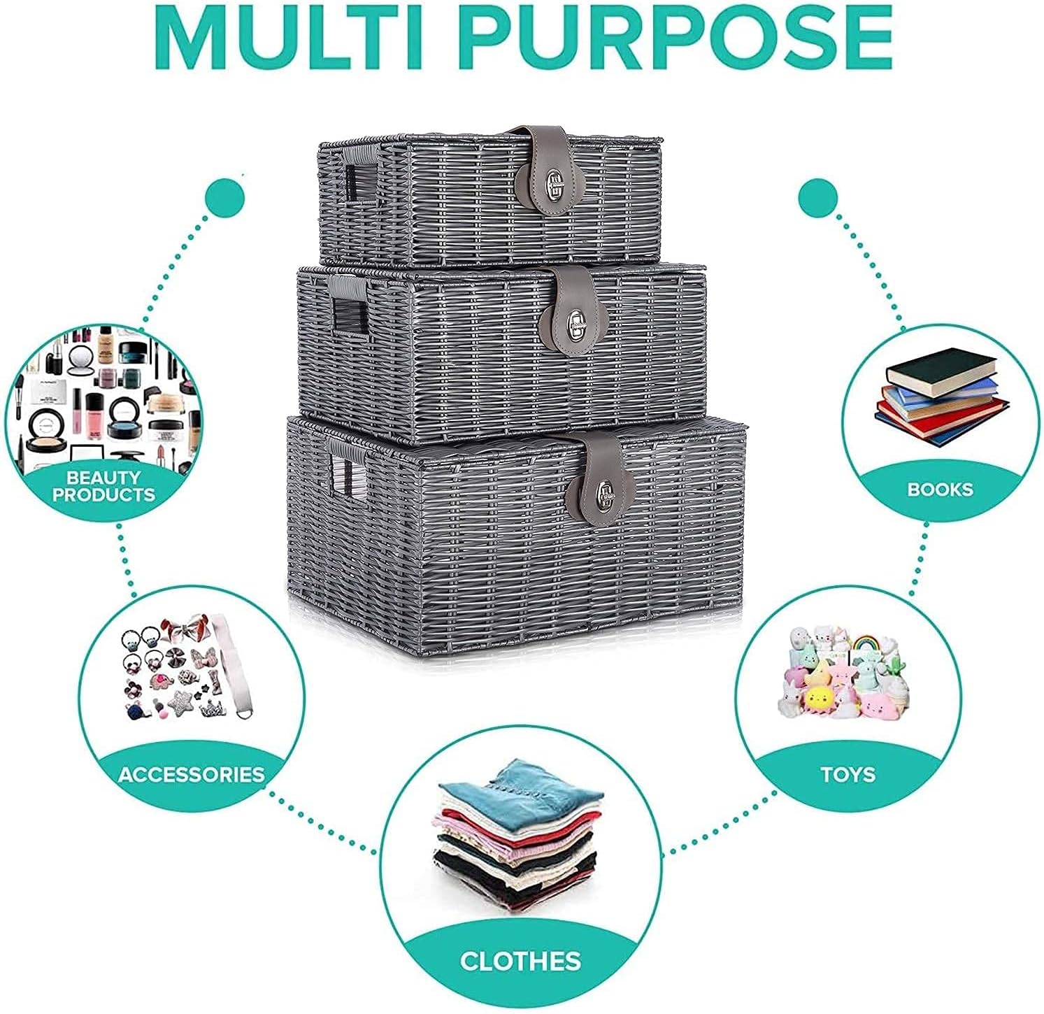 Woven Wicker Storage Basket Box / Grey / Set of 3