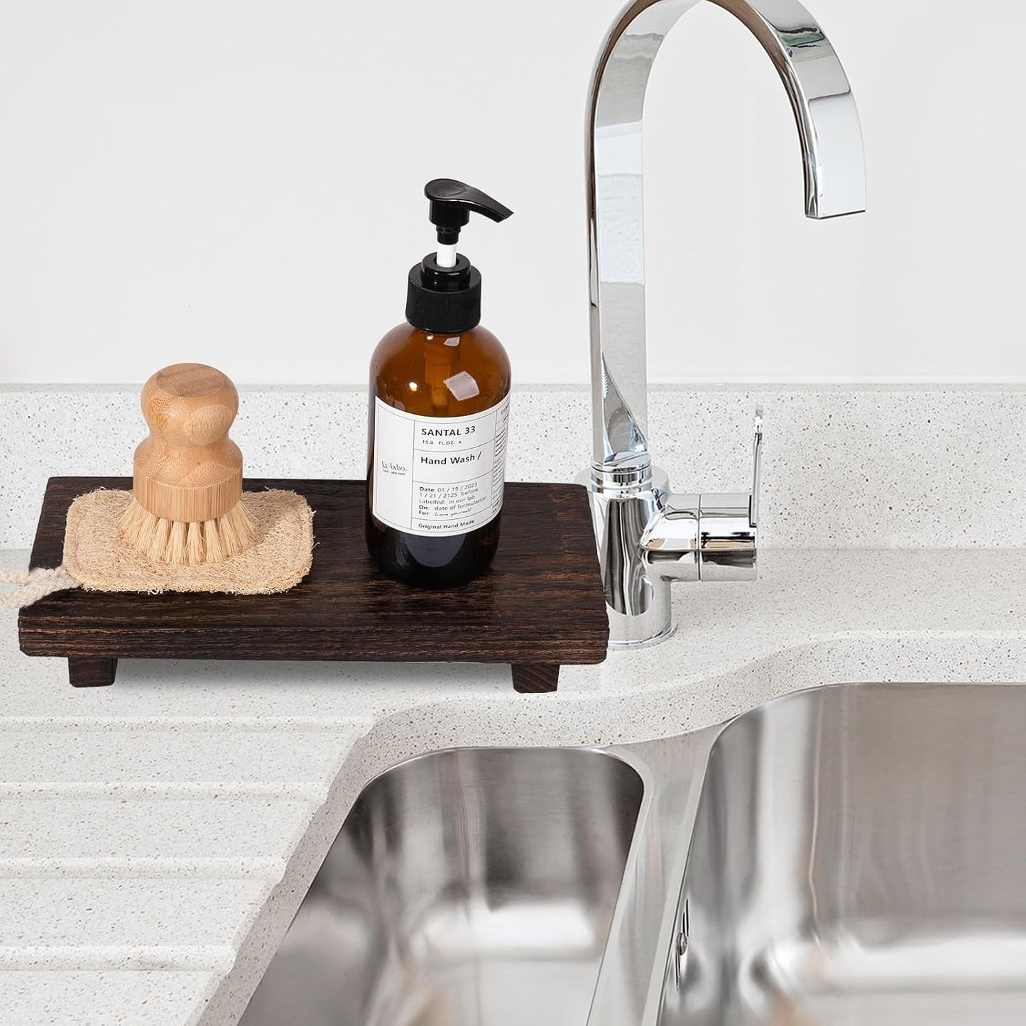 Small Wood Tray Pedestal Stand Farmhouse Bathroom Decor Decorative / Dark Brown / 10 x 4.5 x 1.6