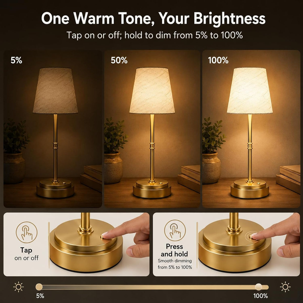 Rechargeable Cordless Table Lamp, Nightstand to End Table,Gold,1 Pack | 6000mAh Battery Operated, 16-Inch Antique Brass