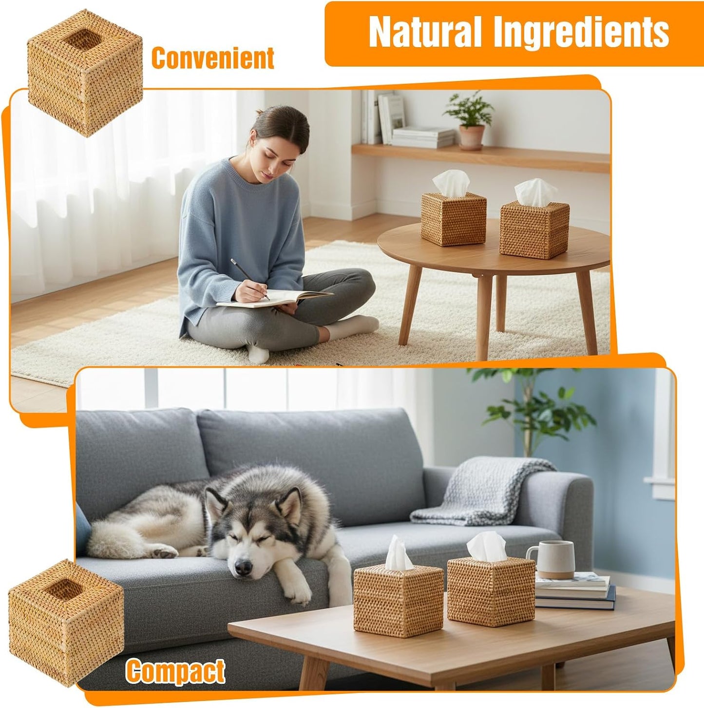 Square Rattan Tissue Box Cover / Natural / Set of 2