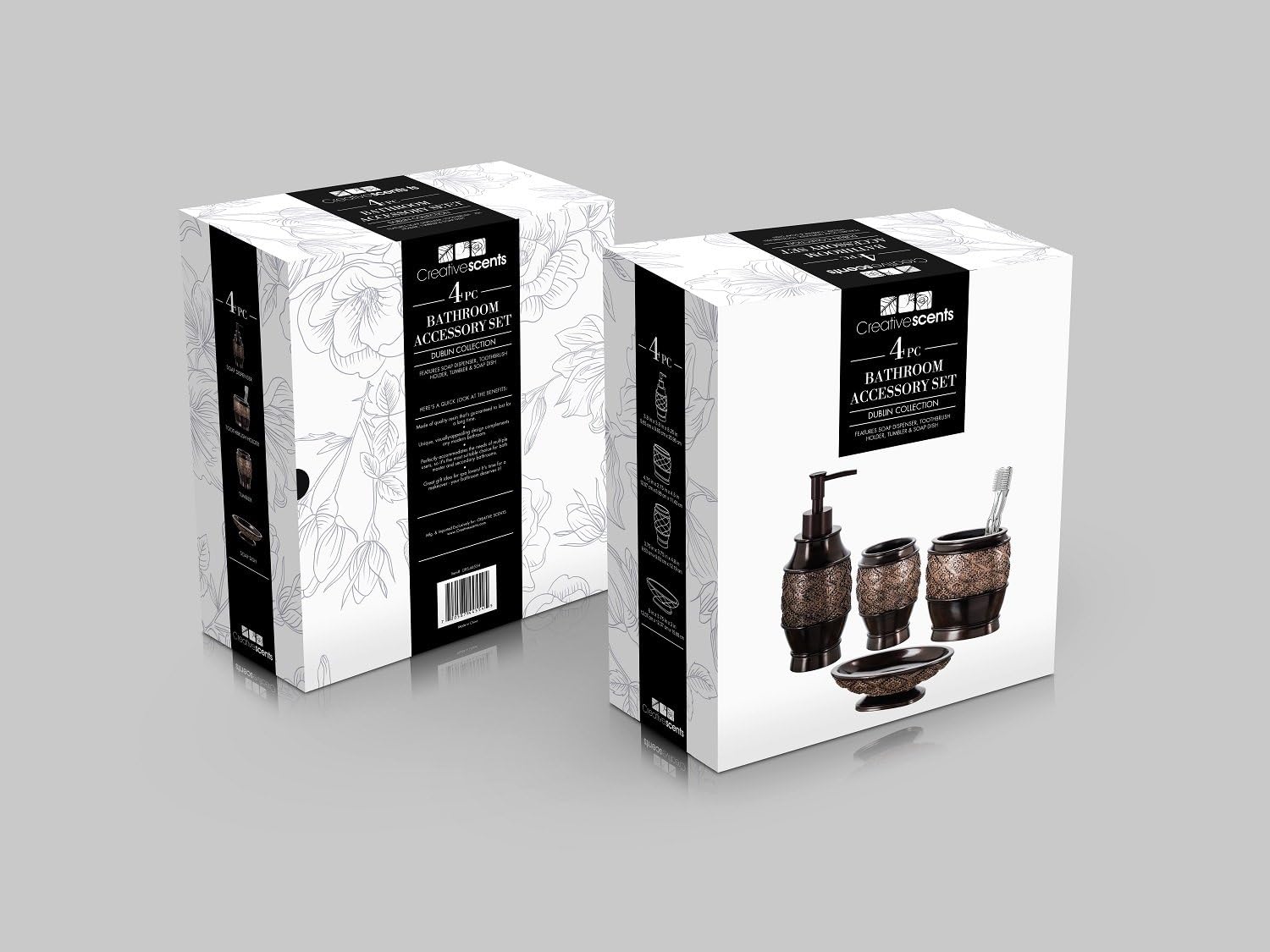 Creative Scents Dublin Brown 4 Piece Bathroom Accessory Set | Includes Soap Dispenser, Toothbrush Holder, Tumbler Cup &