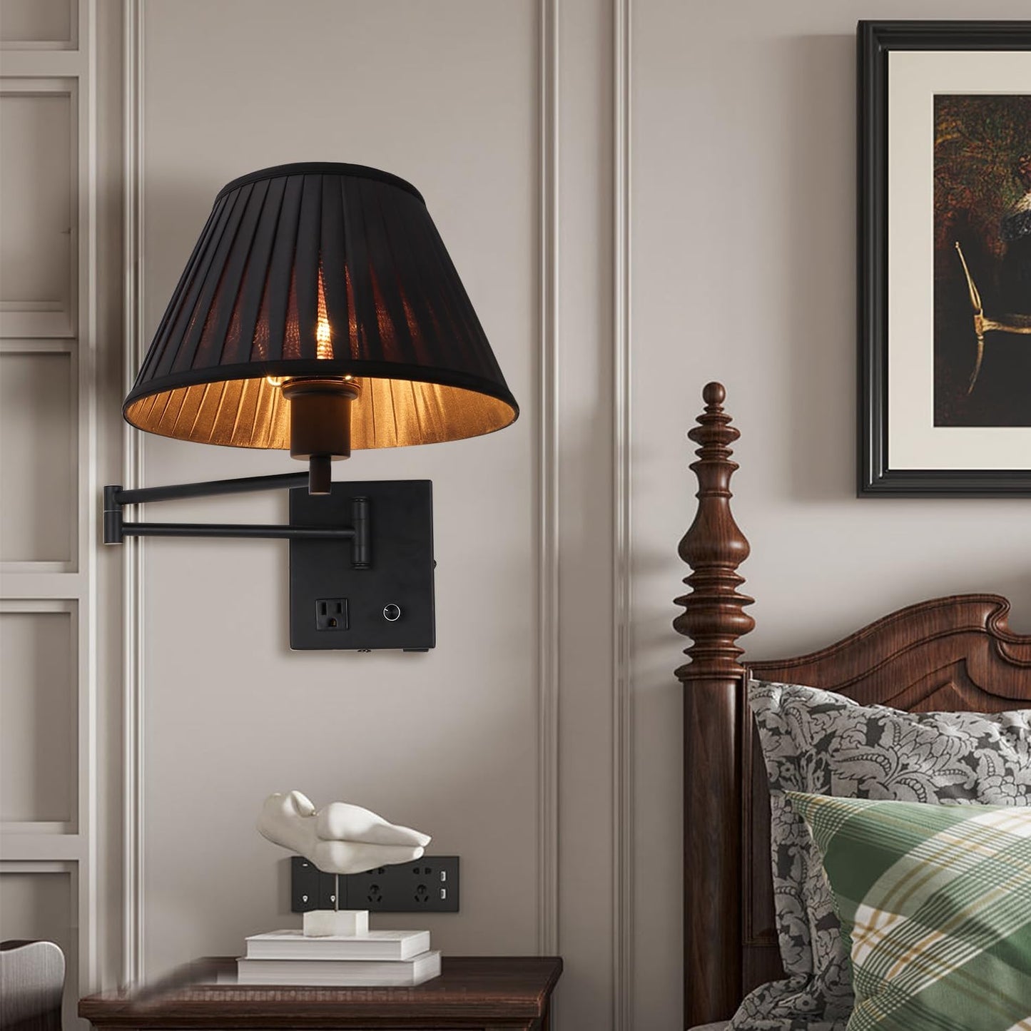 17" Swing Arm Wall Lamp USB & AC Outlet, Dimmable, Black | Adjustable Swing Arm Rotary dimmer sets Plug-in bedside