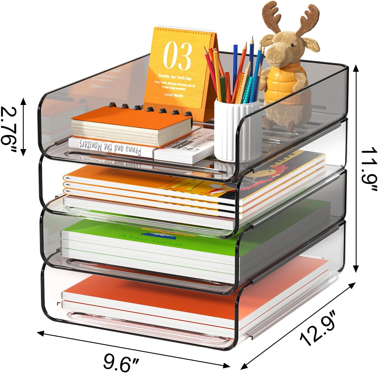 4-Tier Acrylic Paper Tray Organizer / Clear & Brown / 12.6 x 9.6 x 11