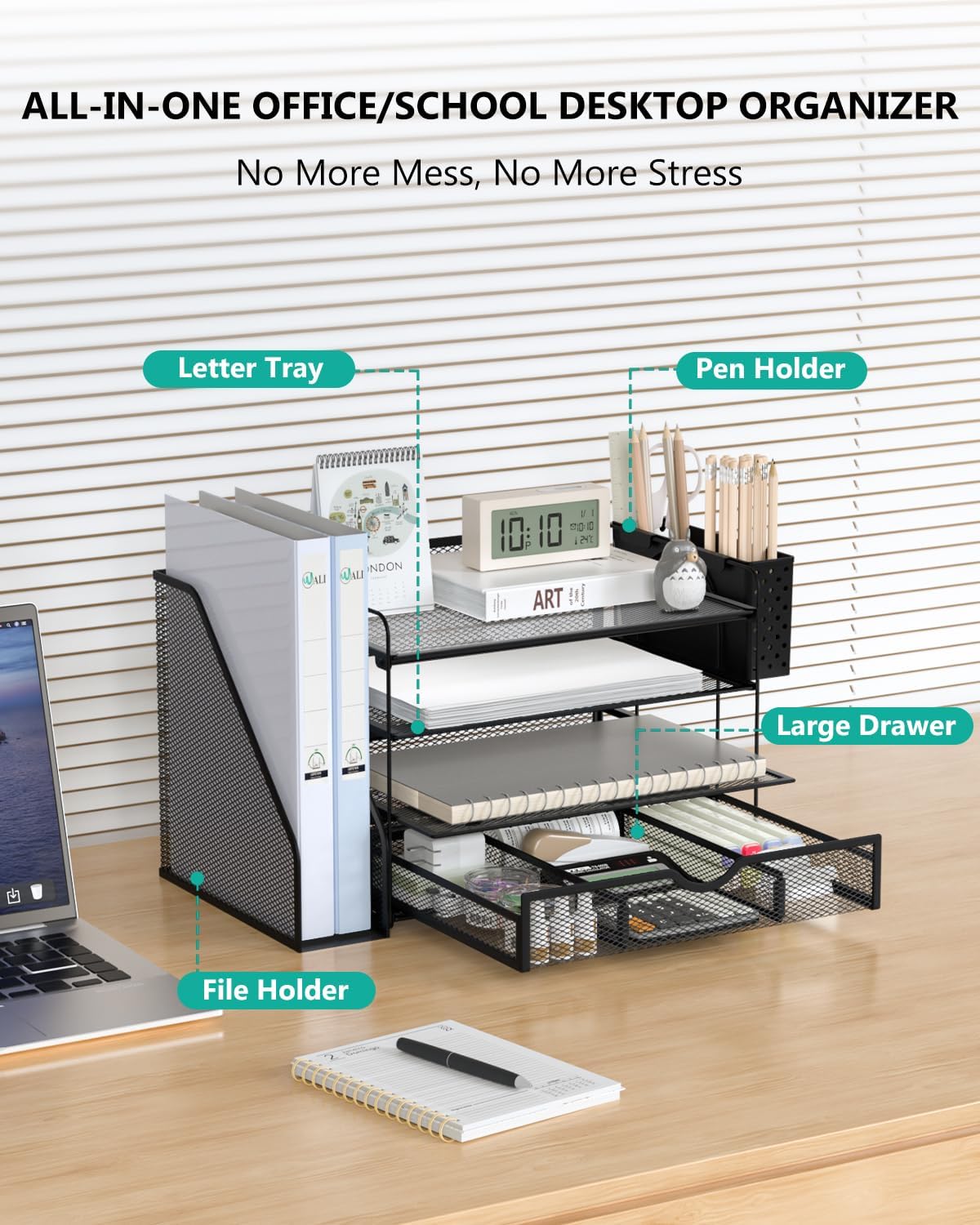 WALI Desk File Organizer, 4 Tier Desktop Paper Letter Tray Organizer with Drawer and 2 Pen Holders, Office Desk