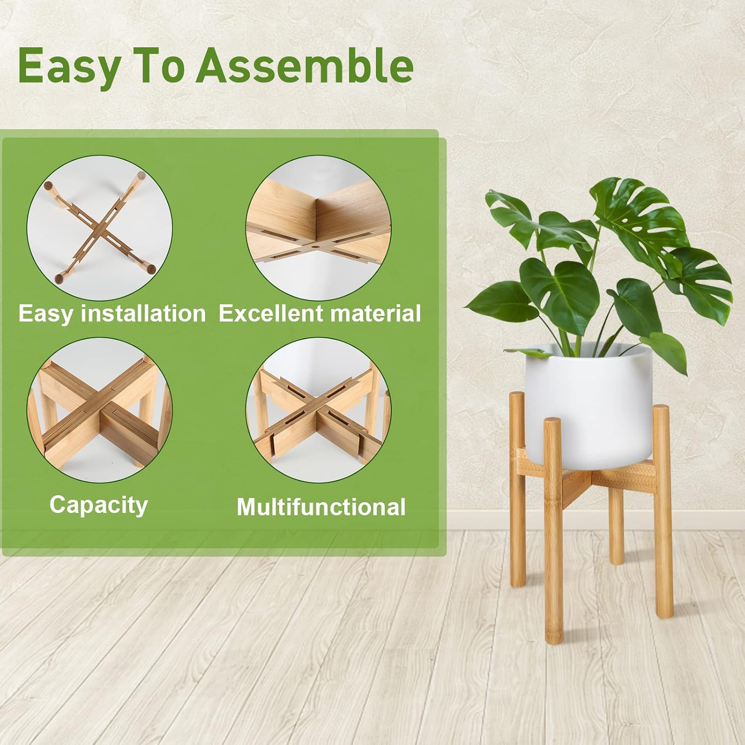 2 Pack Bamboo Plant Stands, Adjustable Plant Stand Indoor | Mid Century Modern Plant Stand, Plant Holder for Living
