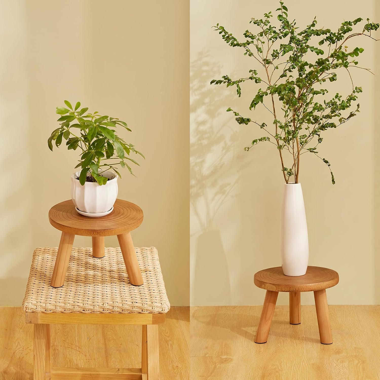 2 Pcs Plant Stand Indoor,11-12" Wood Plant Stand Holder with Growth Ring | Solid Wood Mid Century Modern Round Plant