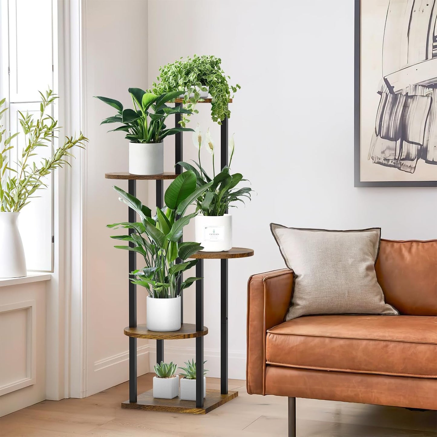 5 Tier Plant Stand Indoor, Metal Wooden Tall Plant Shelf Flower Pot Stand for Multiple Plants, Corner Flower Holder